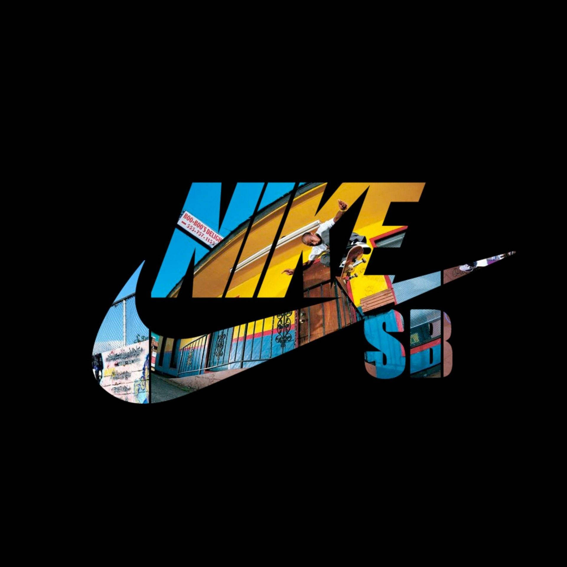 酷炫耐吉 桌布 壁紙 — 一名滑板手在一個大膽的Nike SB標誌內進行花式動作，標誌充滿都市塗鴉和鮮豔色彩，背景為黑色。