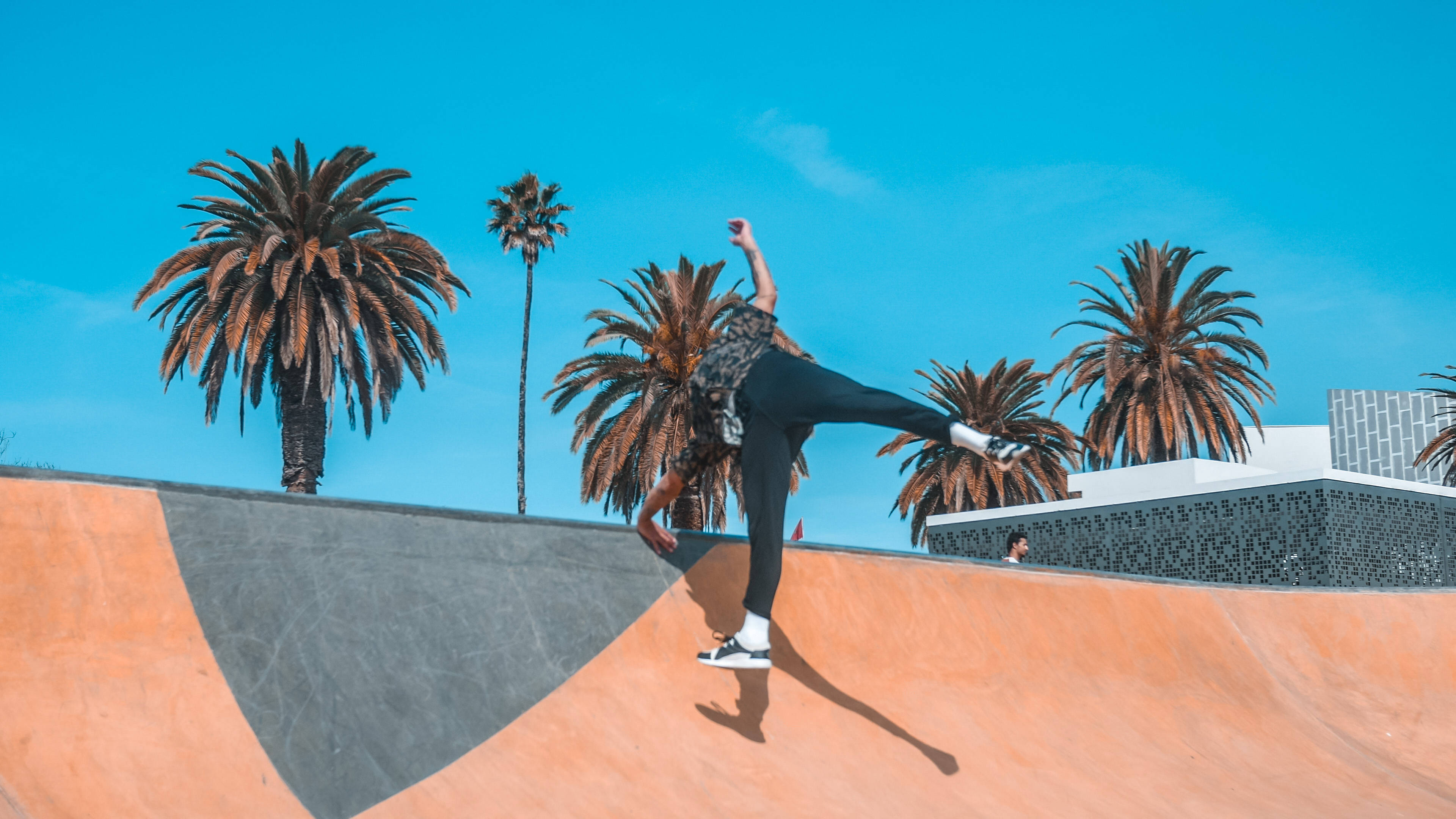 Parkour 桌布 壁紙 — 一名滑板手在半空中，在彎曲的坡道上表演技巧，背景是晴朗的藍天和棕櫚樹。