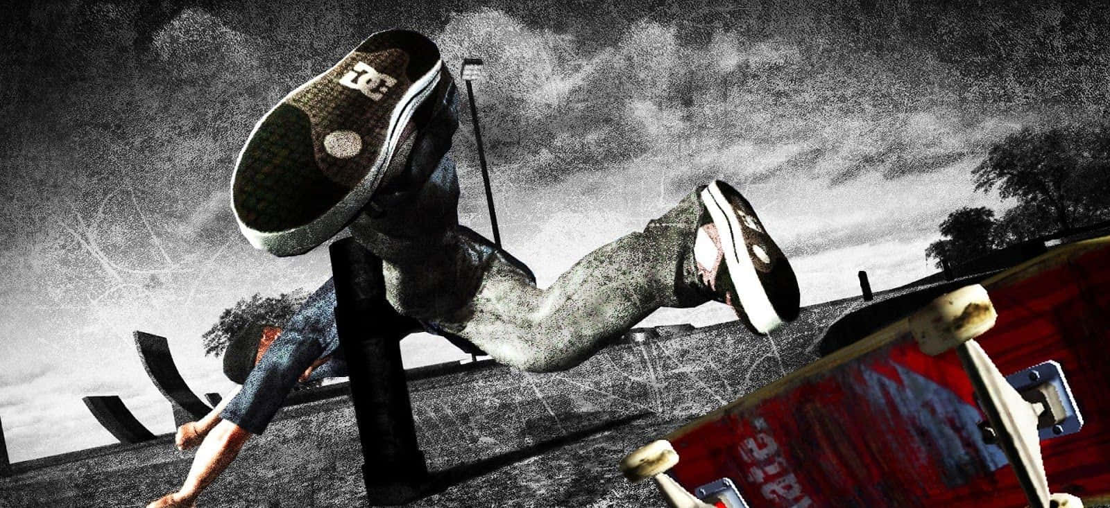 滑板男孩風格 桌布 壁紙 — 一名滑板手在半空中表演技巧，以戲劇性的低角度拍攝，背景是粗糙的城市天空。