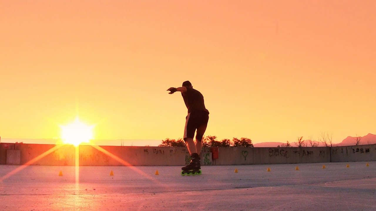 skateboarding 桌布 壁紙 — 一名滑板手在日落時分穿過交通錐，在溫暖的橙色天空和遠山背景下投下長長的影子。