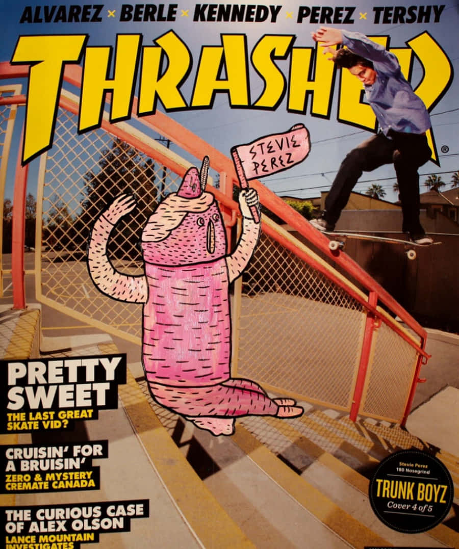 Thrasher 桌布 壁紙 — 一名滑板手在紅色欄杆上磨滑，旁邊有一個粉紅色卡通生物舉著寫有「Stevie Perez」的牌子，出現在Thrasher雜誌封面。