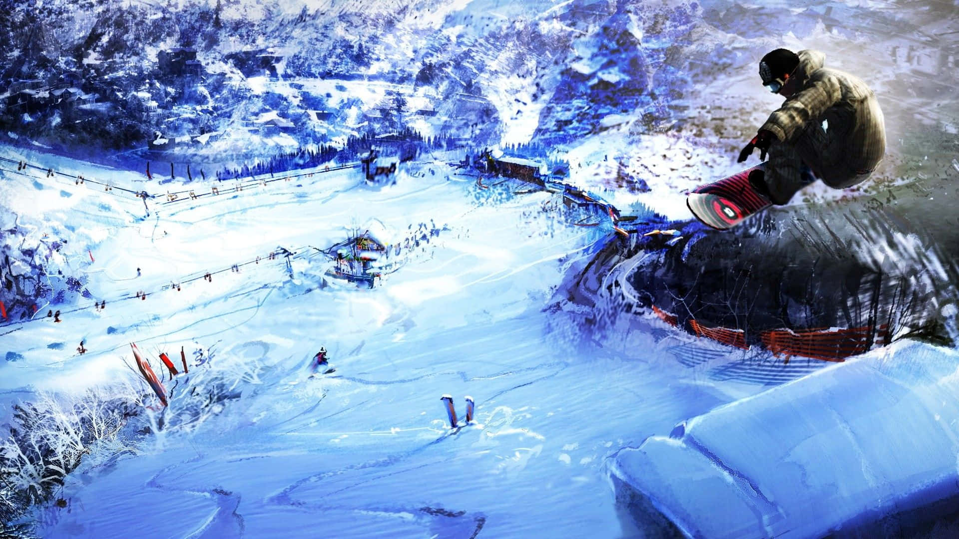 Winter Sports 桌布 壁紙 — 一名滑雪板運動員在清澈的藍色冬日空氣中翱翔，下方是白雪覆蓋的山區度假勝地，有滑雪者和纜車。