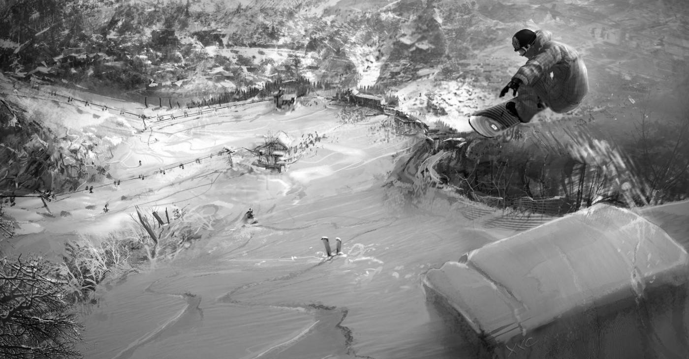 Winter 桌布 壁紙 — 一名滑雪板運動員在白雪覆蓋的山區度假村上空飛翔，下方有滑雪者和積雪覆蓋的樹木。