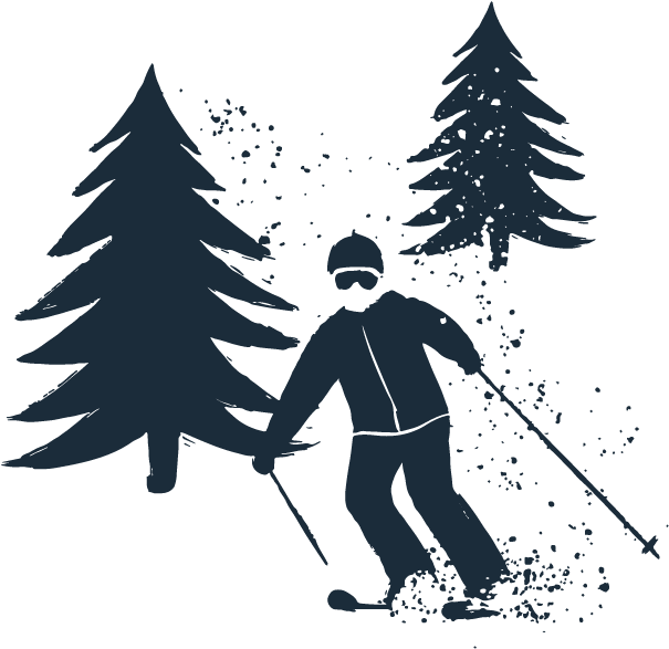 ski 桌布 壁紙 — 一名滑雪者的剪影在黑暗的天空下，穿過兩旁高聳松樹的雪林滑行。