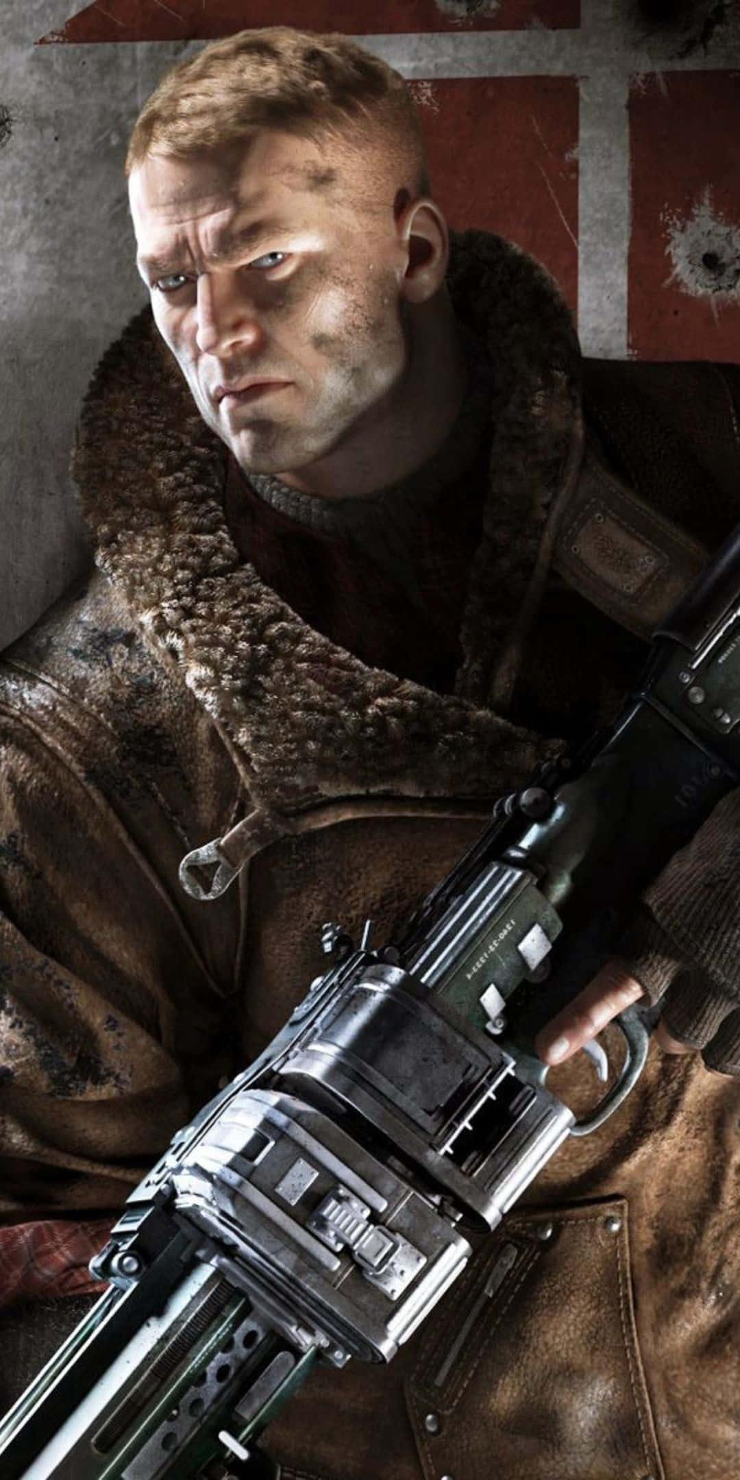 Pixel 3 Wolfenstein Ii 桌布 壁紙 — 一名滿臉傷疤的粗獷士兵，在戰火摧殘的旗幟背景下緊握重型機槍。