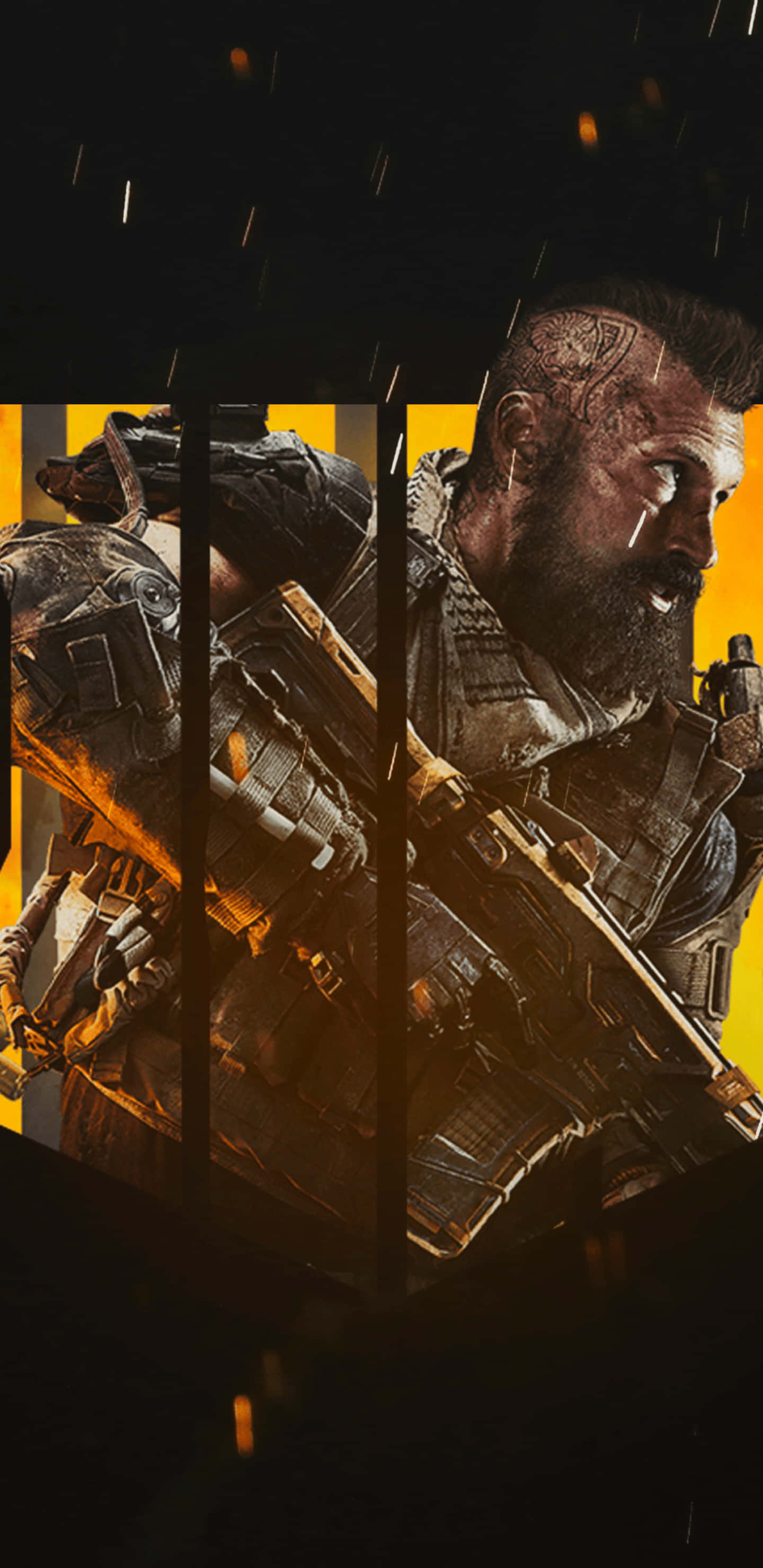 Pixel 3xl Call Of Duty Black Ops 4 桌布 壁紙 — 一名滿臉鬍鬚、身穿戰術裝備的粗獷士兵，在火花四濺的熾熱橙黑色背景下手持步槍。