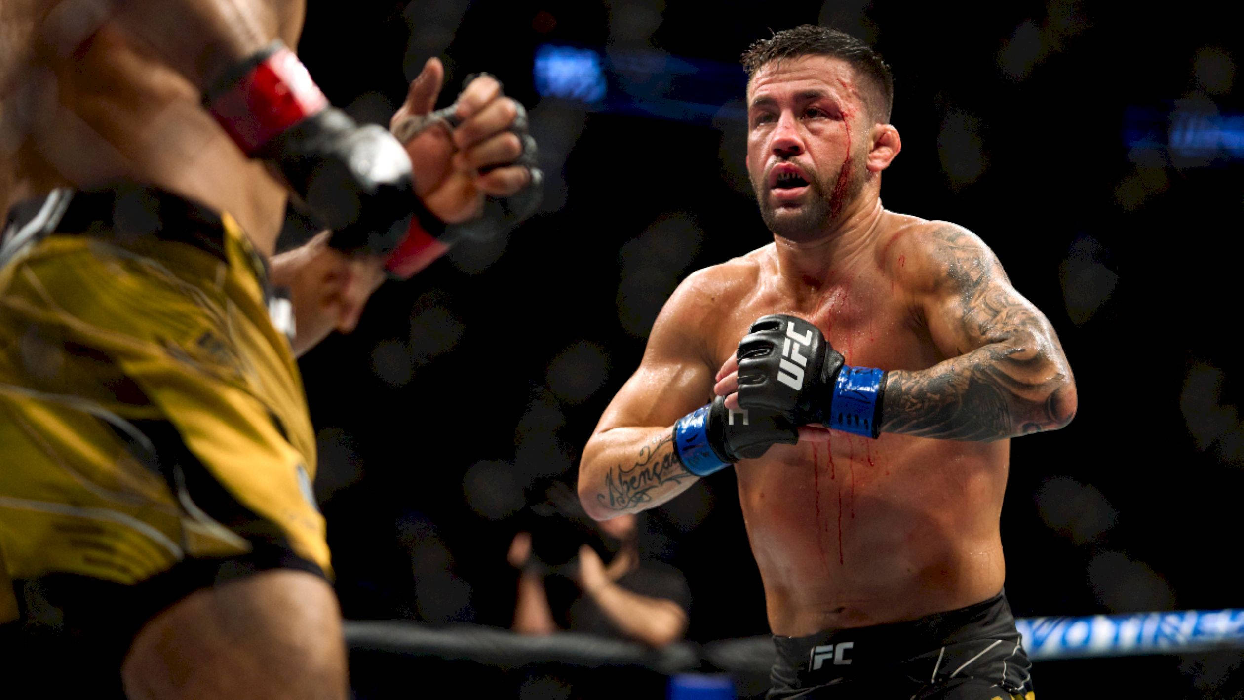 Athletic 桌布 壁紙 — 一名滿身鮮血、帶有刺青的MMA拳手在八角籠中因對手猛撲而扭曲表情。