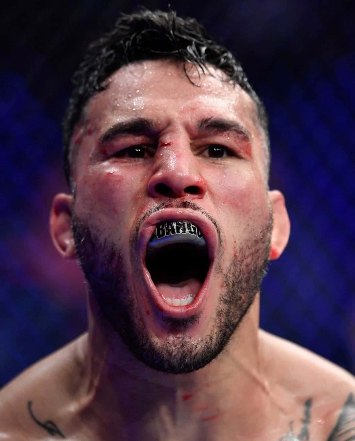 MMA 桌布 壁紙 — 一名滿身鮮血的MMA拳手在明亮的場館燈光下，於八角籠內激烈咆哮。