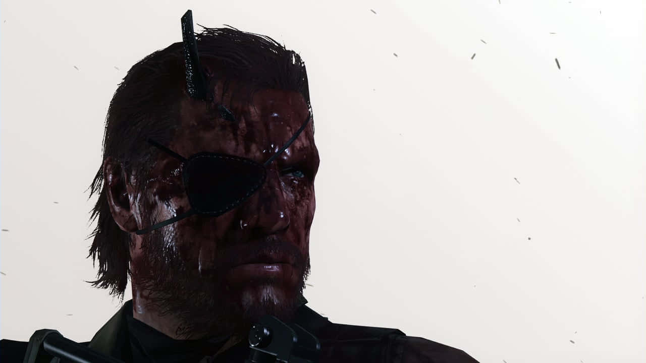 Metal Gear Solid Characters 桌布 壁紙 — 一名滿身鮮血的士兵，戴著眼罩，額頭上有尖刺，在純白背景下凝視著。