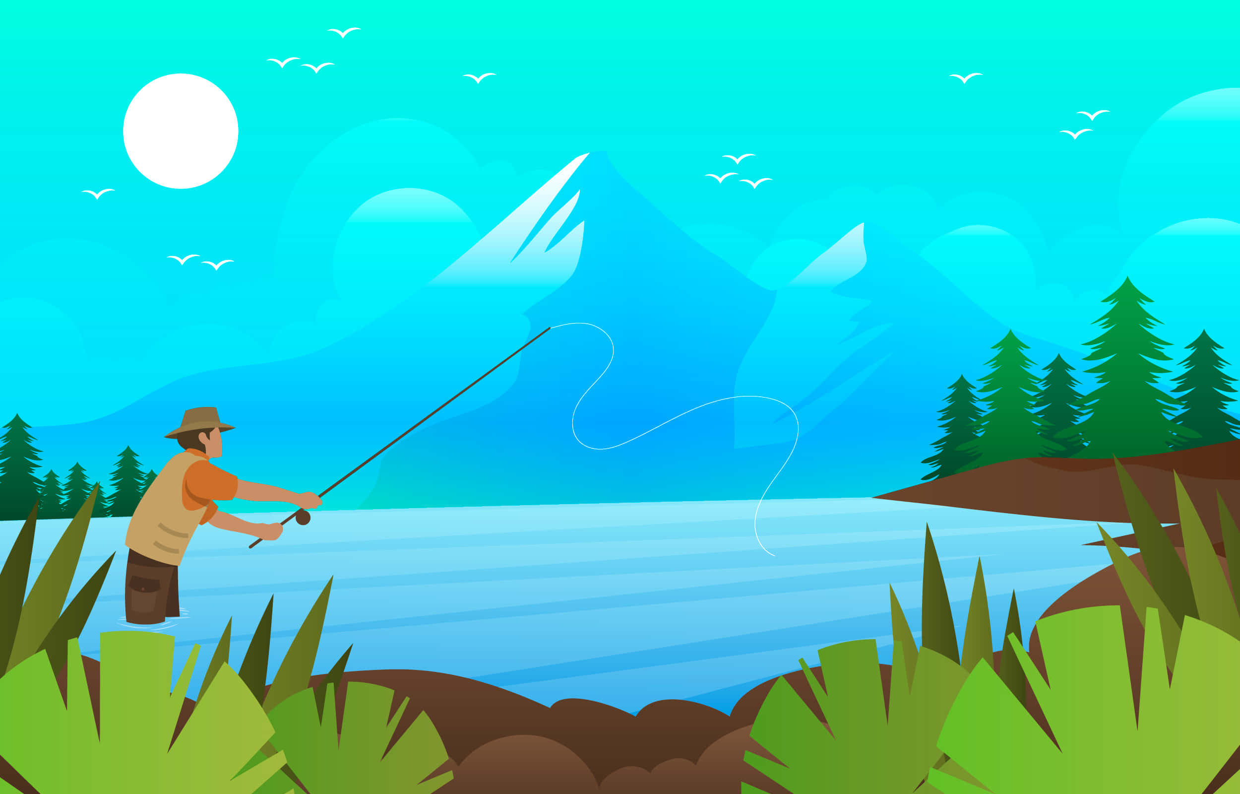 Fishing Bait 桌布 壁紙 — 一名漁夫在明亮的陽光下從湖岸拋出釣線，背景是白雪覆蓋的山脈和松樹。