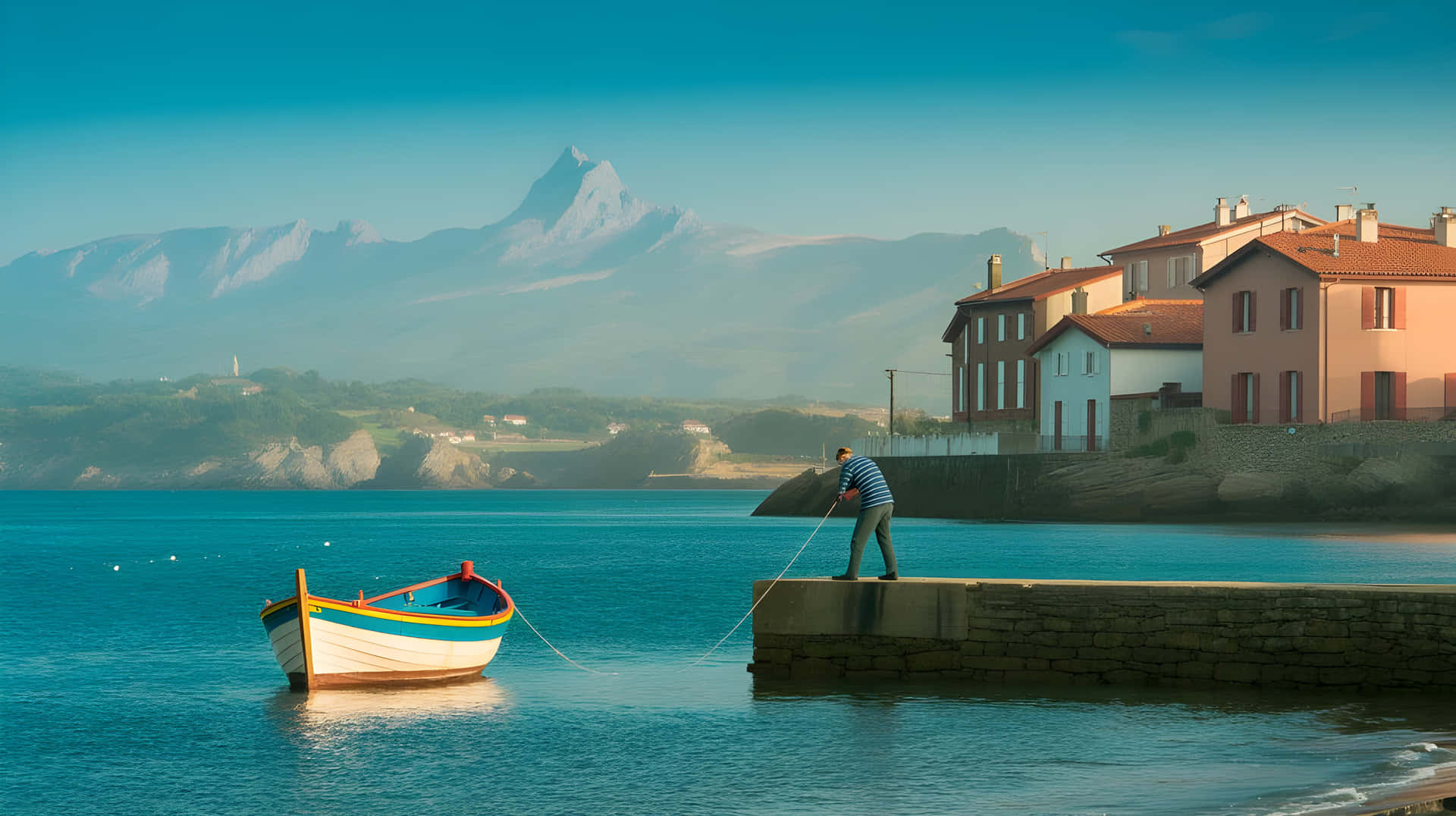 Scenic Travel View- Peaceful Nature and Culture in Southwest France 壁紙 — 一名漁夫從石碼頭拉起漁網，旁邊漂浮著一艘色彩繽紛的船隻，背景是陶土房屋和遠處的雪山。