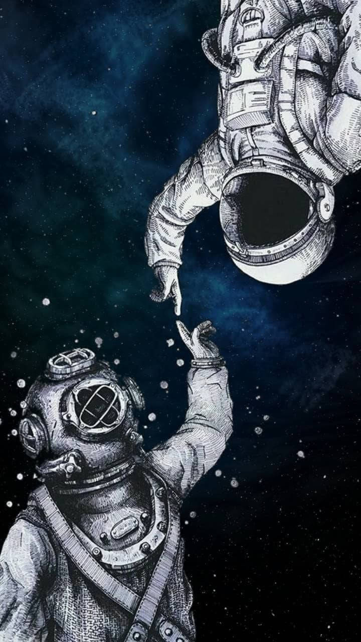  壁紙 — 一名潛水員和一名太空人在繁星點點的宇宙虛空中互相伸手，以細緻的黑白線條藝術呈現。