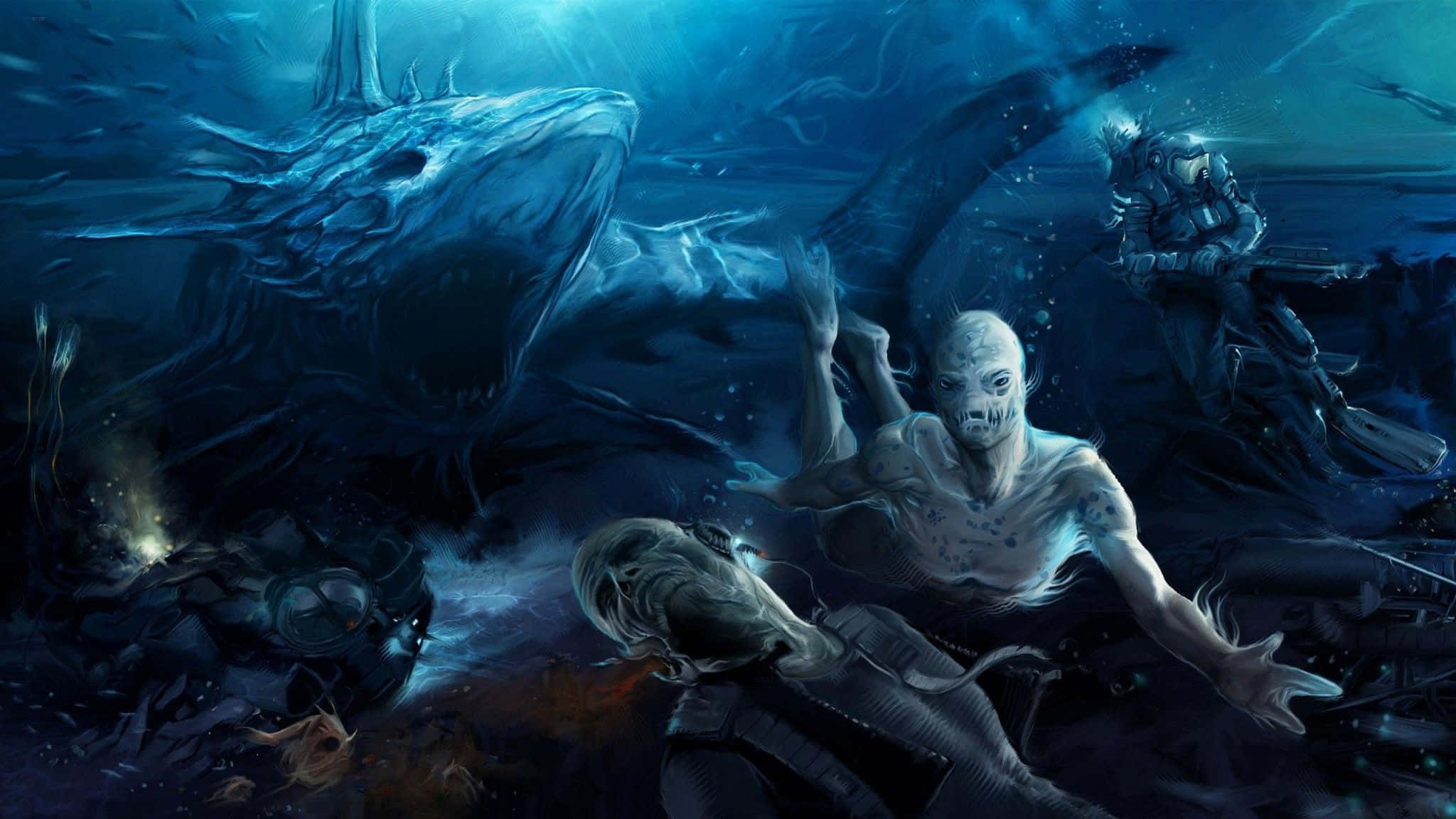 Scary Shark 桌布 壁紙 — 一名潛水員在充滿碎片和發光粒子的深藍色水下深淵中與巨大的海洋生物搏鬥。