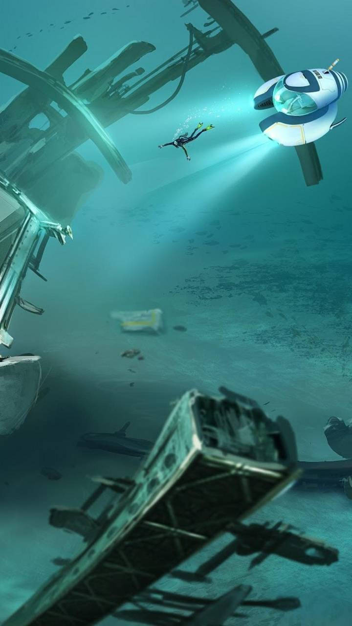 Subnautica 桌布 壁紙 — 一名潛水員在水下探索沉船，一艘未來主義潛艇在藍綠色深處滑行。
