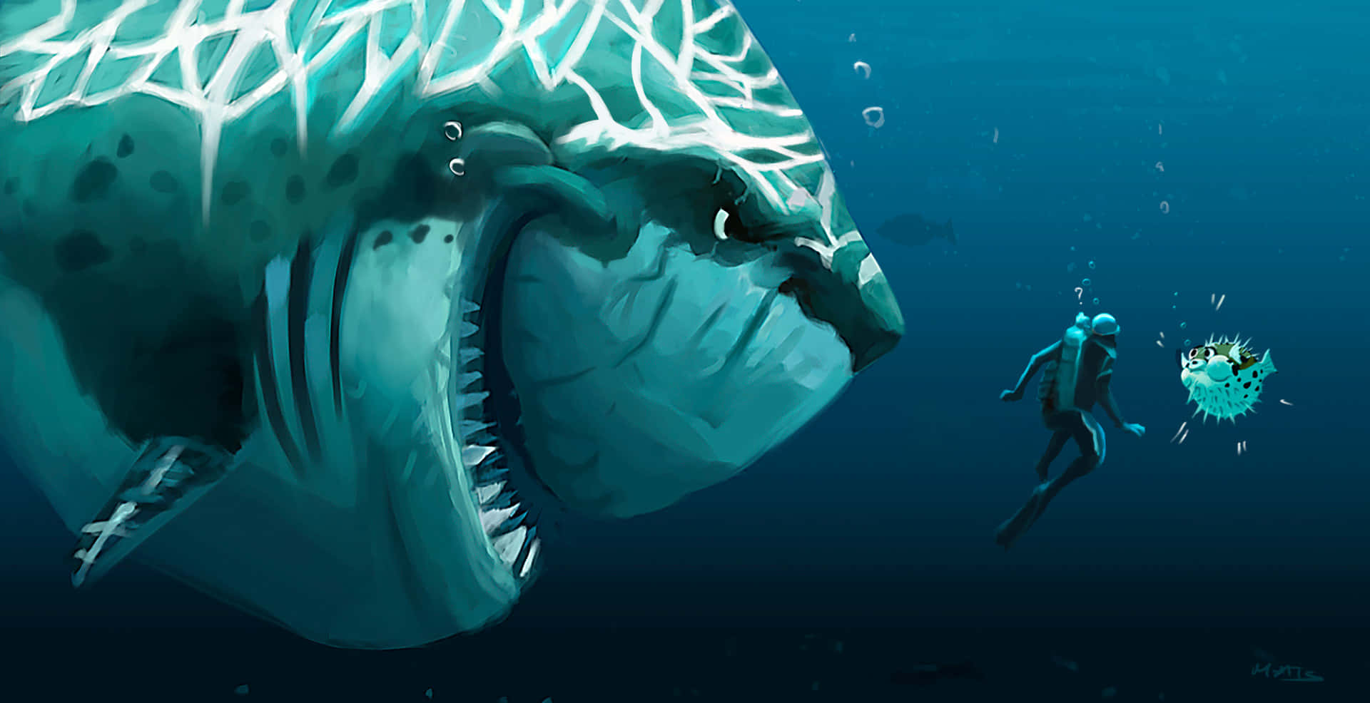Megalodon 桌布 壁紙 — 一名潛水員在深藍色海洋中遇到一條巨大的發光鯊魚和一條河豚。