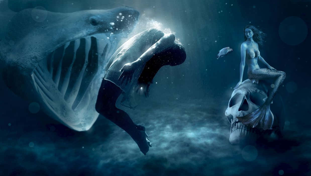 Scary Shark 桌布 壁紙 — 一名潛水員在詭異的深藍色海洋中與一條巨大的鯊魚搏鬥，而一條美人魚坐在一個頭骨上。