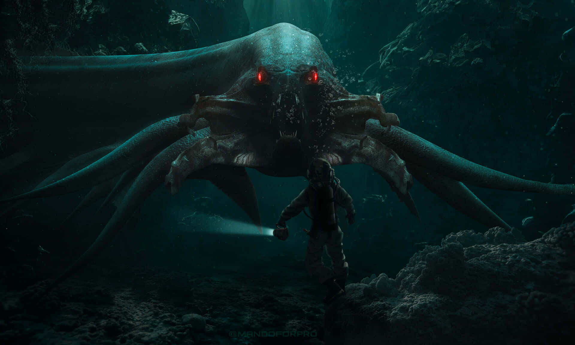 Underwater Scary Ocean 桌布 壁紙 — 一名潛水員拿著手電筒，在黑暗的水下洞穴中面對一隻擁有發光紅眼的巨大深海章魚。