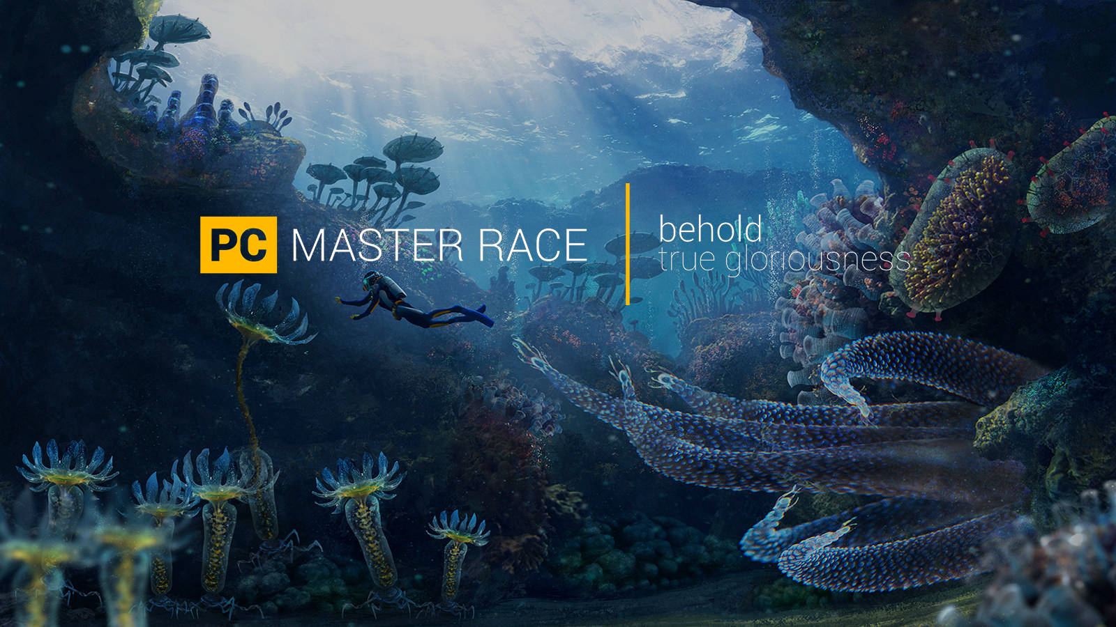 Subnautica 桌布 壁紙 — 一名潛水員游過充滿活力的珊瑚礁，陽光從上方過濾下來，照亮了異國海洋生物和色彩繽紛的水下植物。