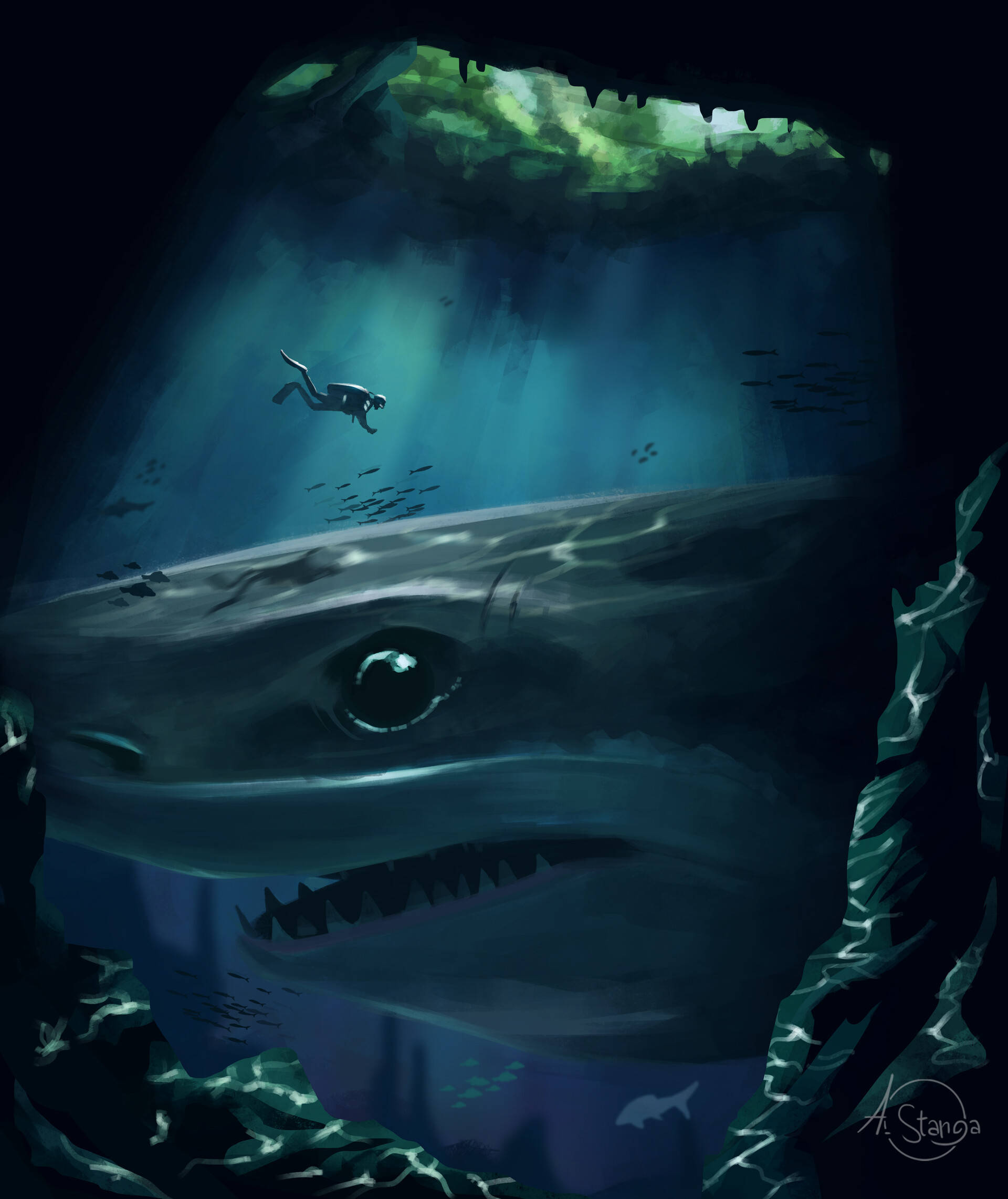 鯊魚 桌布 壁紙 — 一名潛水員漂浮在詭異的藍綠色水中，上方是一條從黑暗水下洞穴中浮現的巨大鯊魚頭。