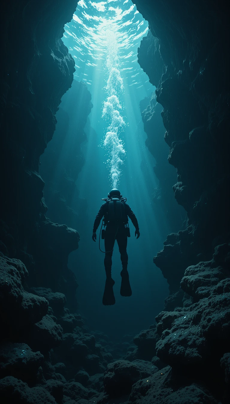 Deep Sea 桌布 壁紙 — 一名潛水員穿過狹窄的水下峽谷上升，陽光穿透上方的水面。