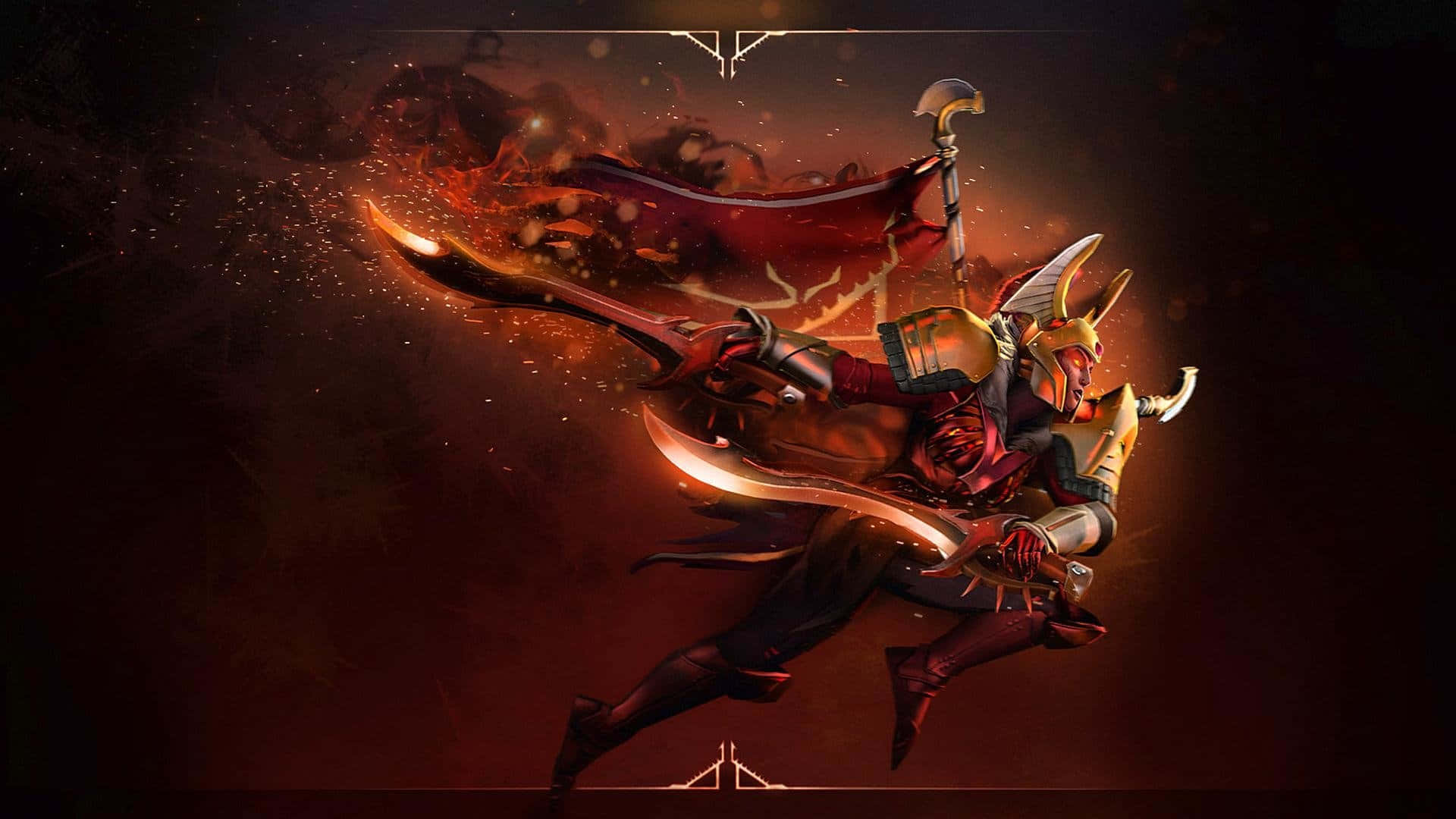 Hero 桌布 壁紙 — 一名火焰裝甲戰士，手持發光刀刃，披著紅色斗篷，在深紅色背景下劈開黑煙。