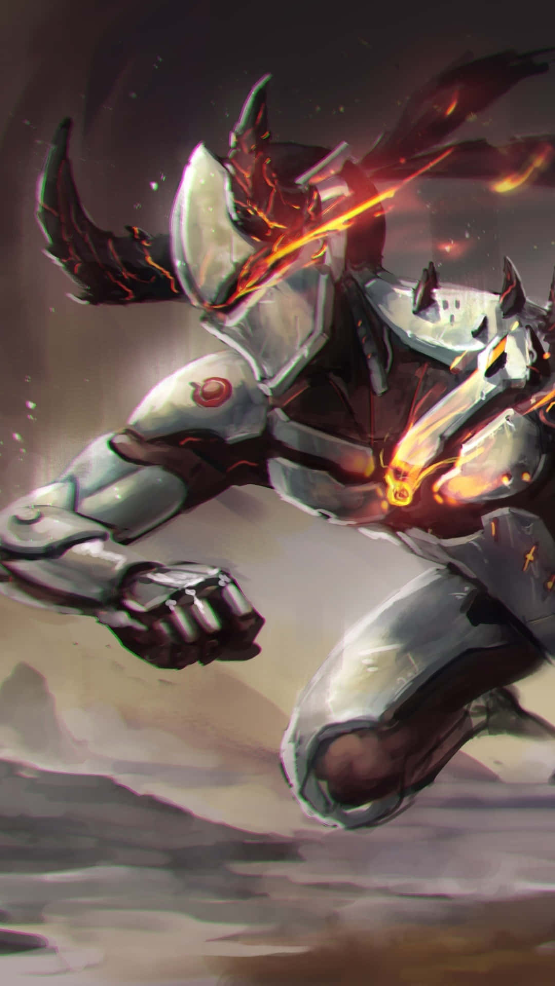 iPhone Xs Overwatch 桌布 壁紙 — 一名火焰裝甲戰士帶著發光的橙色能量，穿過煙霧瀰漫的戰場向前衝刺。