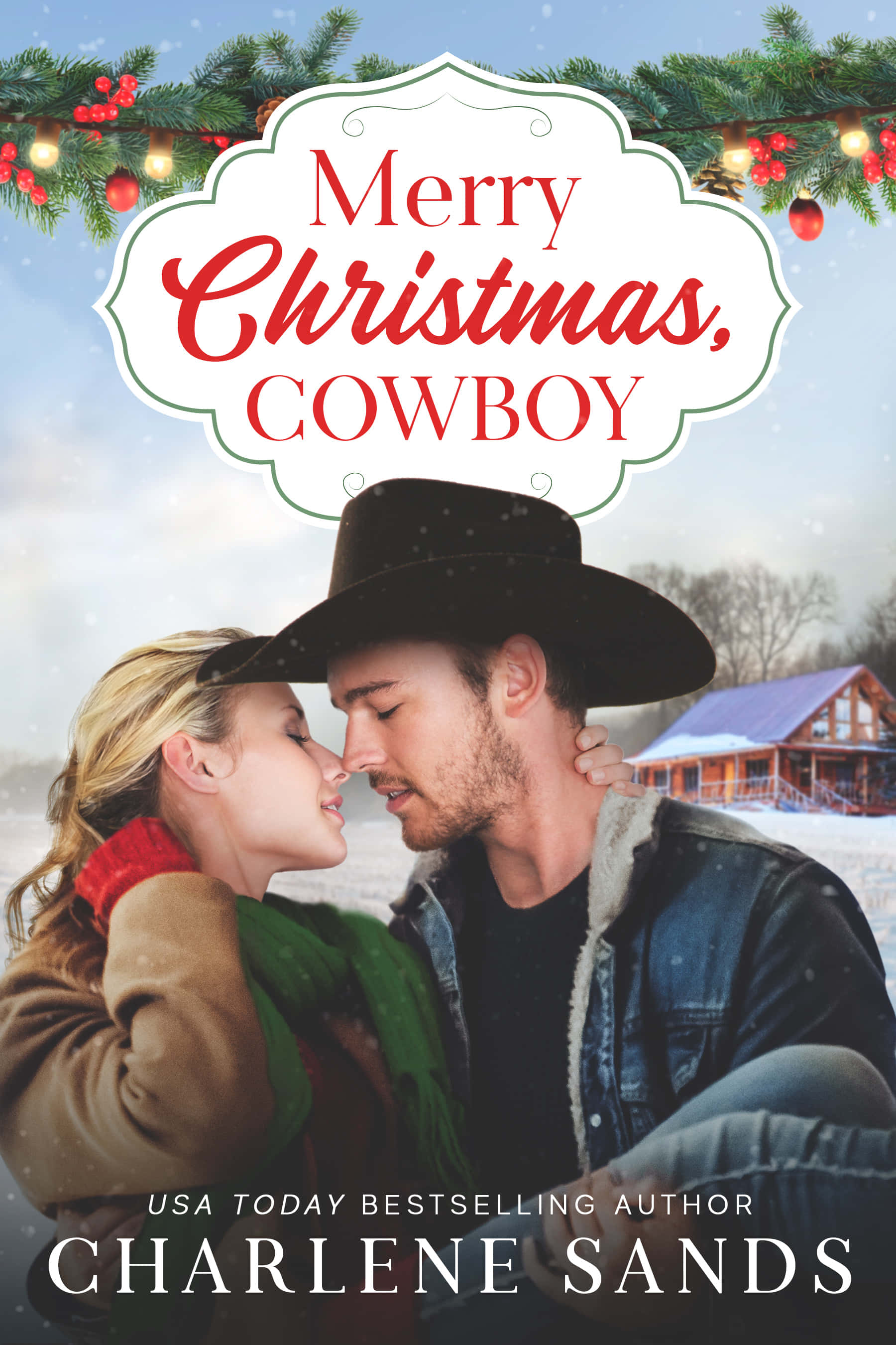 Cowboy Christmas 桌布 壁紙 — 一名牛仔和一位女士在雪白的聖誕燈光下共享親密時刻，背景是質樸的小木屋。