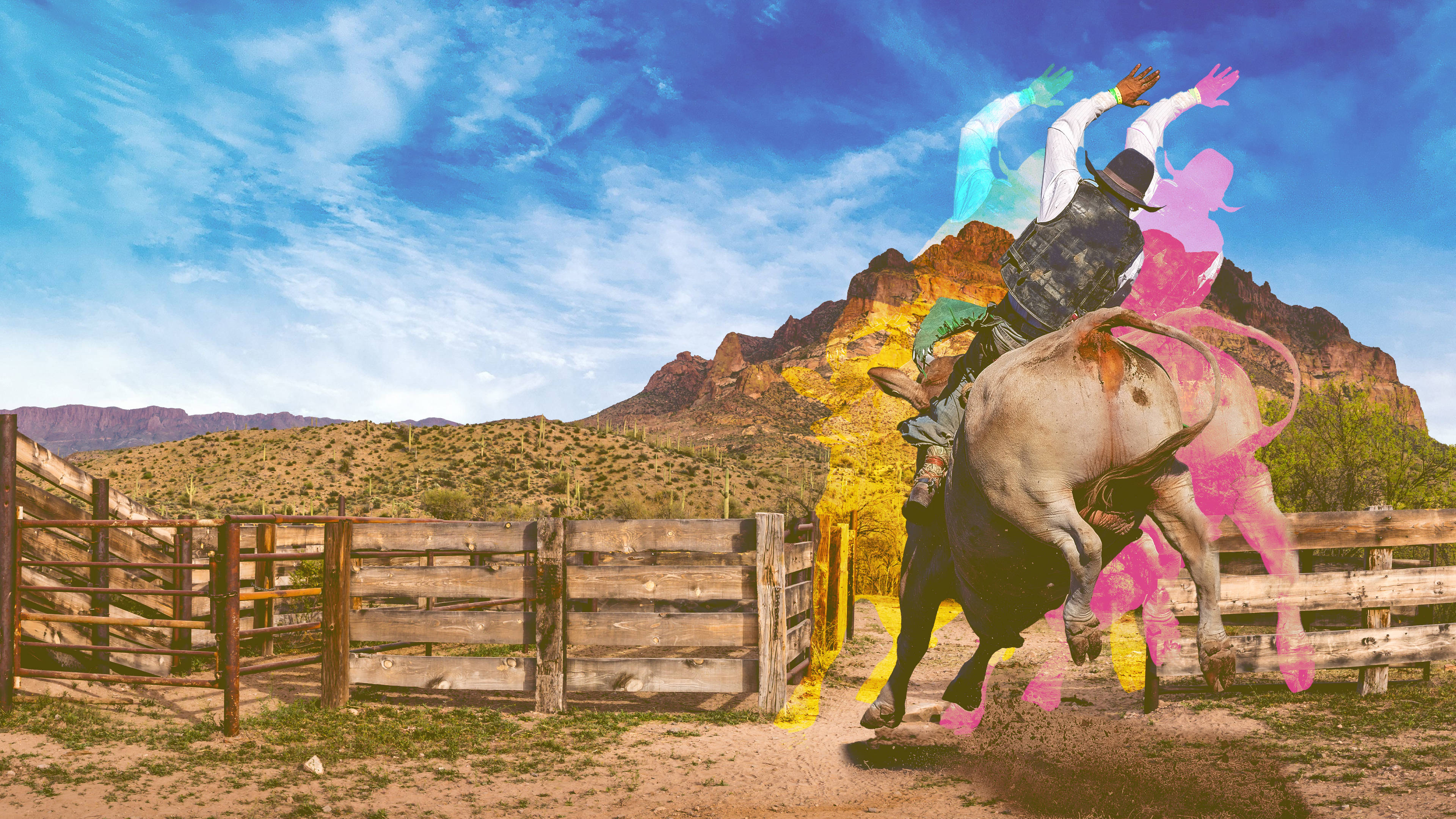 Cowboy 桌布 壁紙 — 一名牛仔在沙漠牛仔競技場騎著一頭亂踢的公牛，並以山脈為背景，加上鮮豔的霓虹色彩覆蓋層。