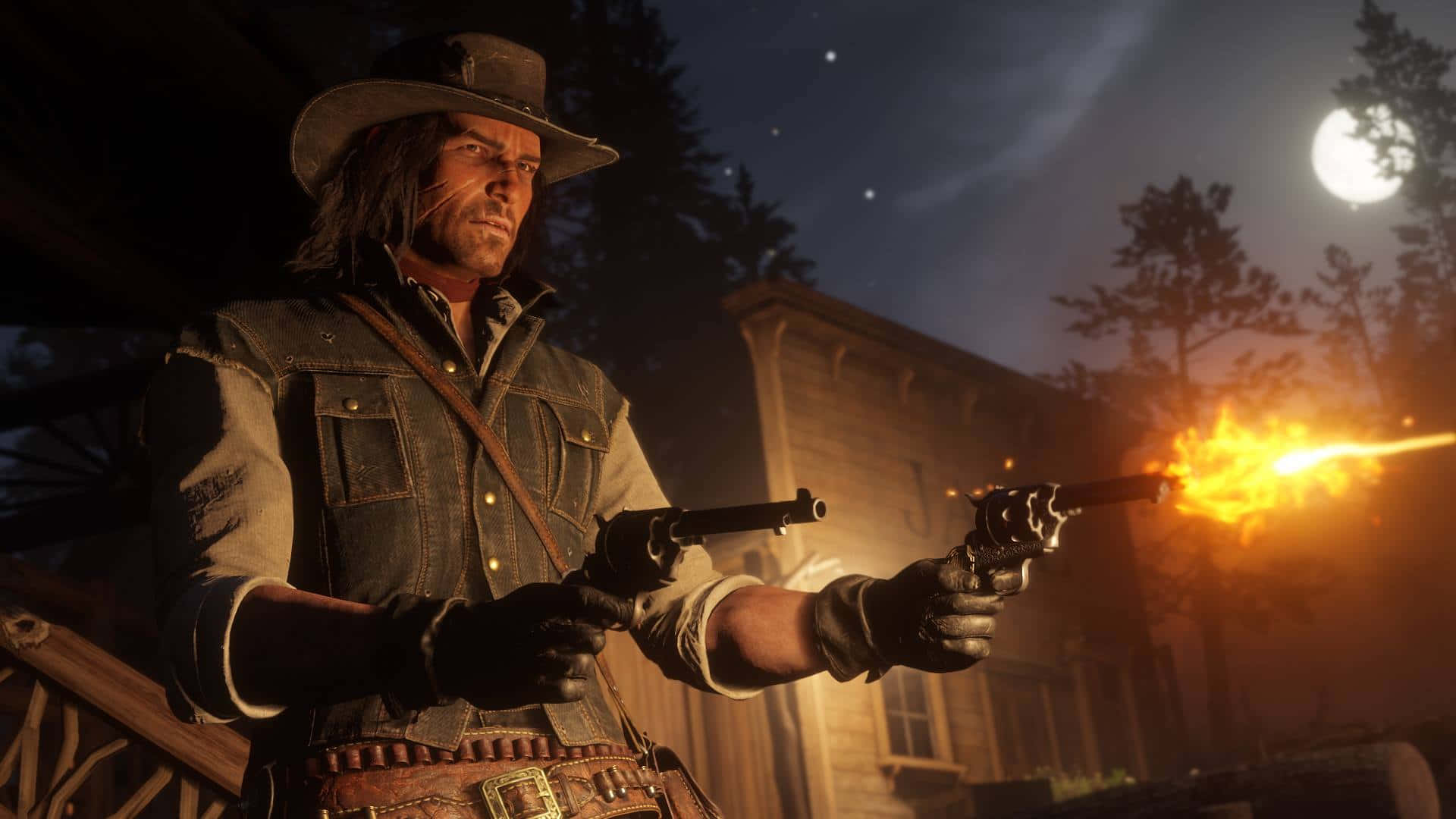 Red Dead Redemption 2 Pc 桌布 壁紙 — 一名牛仔在滿月與星空下，於夜間的質樸木結構中發射兩把左輪手槍。