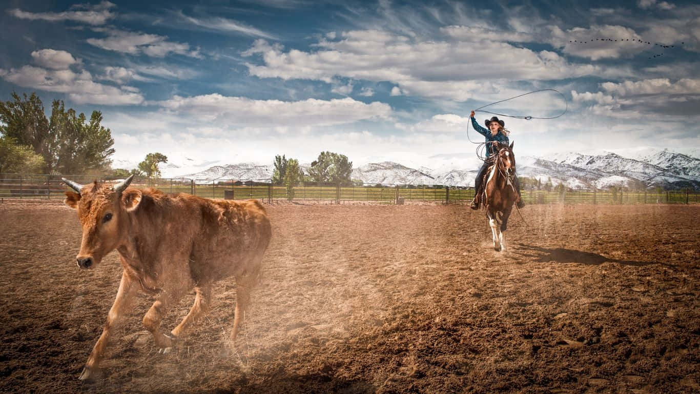 Rodeo 桌布 壁紙 — 一名牛仔騎在馬上，在塵土飛揚的牛仔競技場中向一隻奔跑的棕色小牛揮舞套索，背景是白雪覆蓋的山脈和多雲的天空。