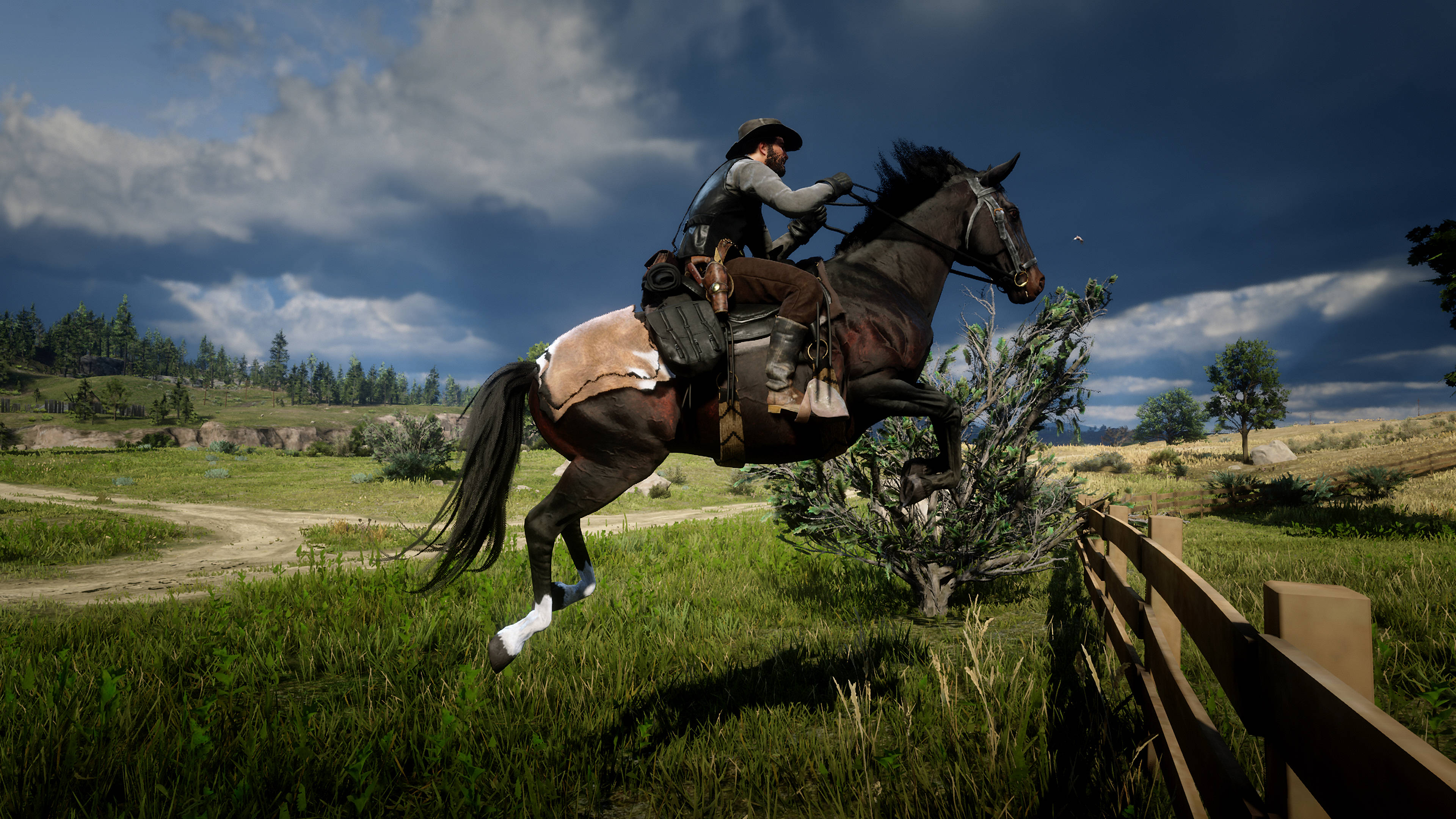 Red Dead Redemtion 2 桌布 壁紙 — 一名牛仔騎著一匹尥蹶子的馬，越過草地上的一叢灌木，背景是戲劇性的多雲天空。