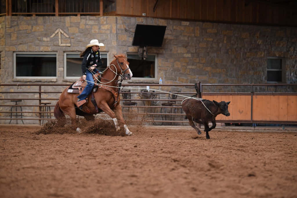Team Roping 桌布 壁紙 — 一名牛仔騎著奔馳的馬，在塵土飛揚的牛仔競技場中用套索套住一頭小牛，場地有石牆和金屬圍欄。