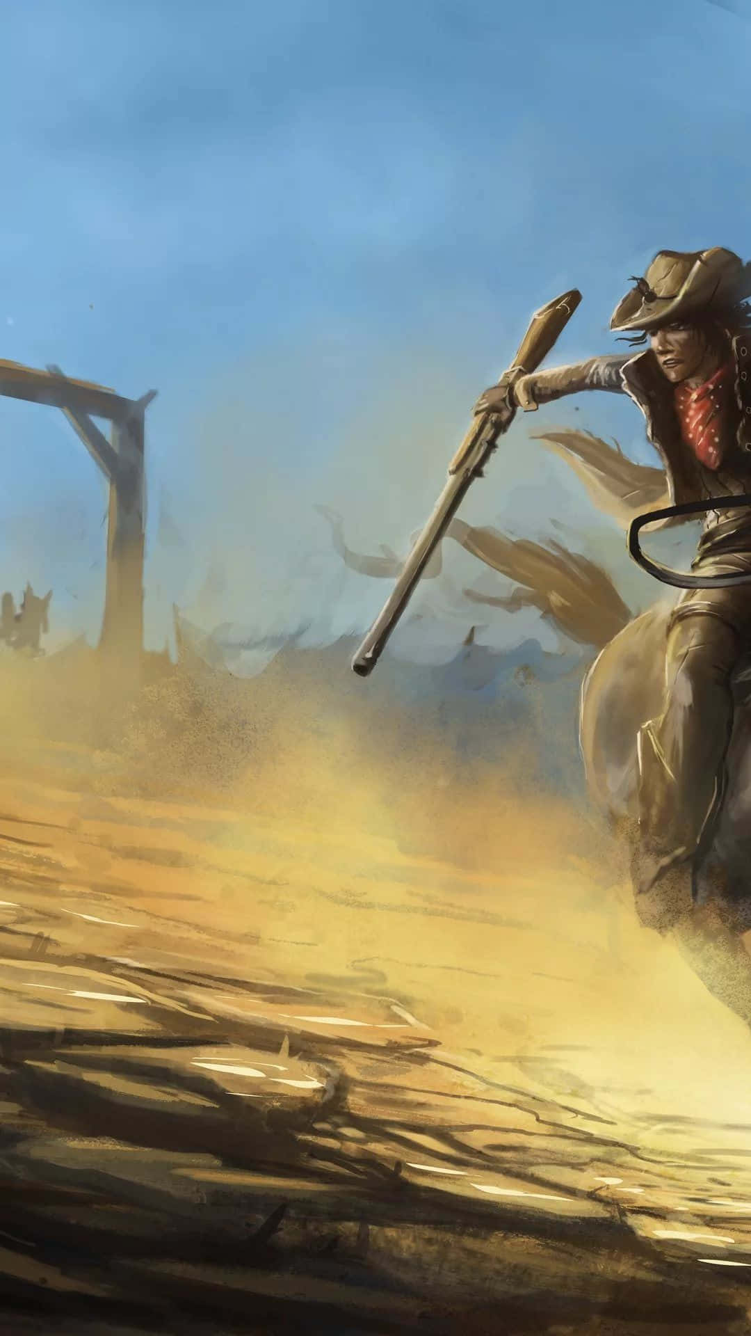 Western Cowboy iPhone 桌布 壁紙 — 一名牛仔騎著馬奔馳過塵土飛揚的平原，瞄準步槍，背景有木製絞刑架。