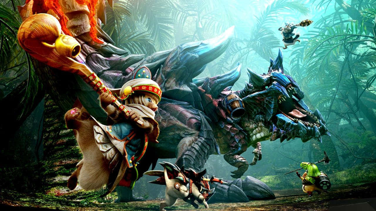 Monster Hunter Desktop 桌布 壁紙 — 一名獵人在茂密的叢林中與一隻巨大的藍色裝甲怪物戰鬥，附近還有其他獵人和生物。