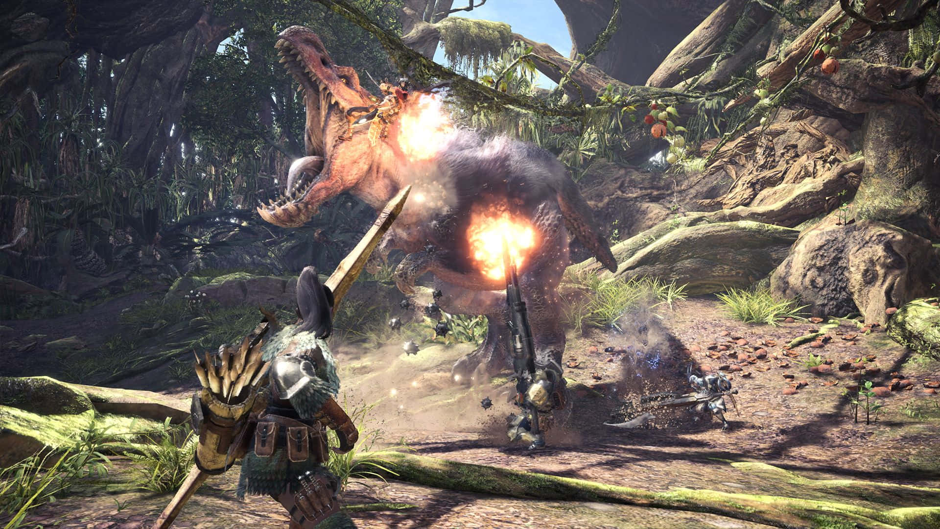 Monster Hunter Desktop 桌布 壁紙 — 一名獵人在茂密的叢林中與火焰怪物搏鬥，周圍是發光的橙色爆炸和長滿苔蘚的樹木。