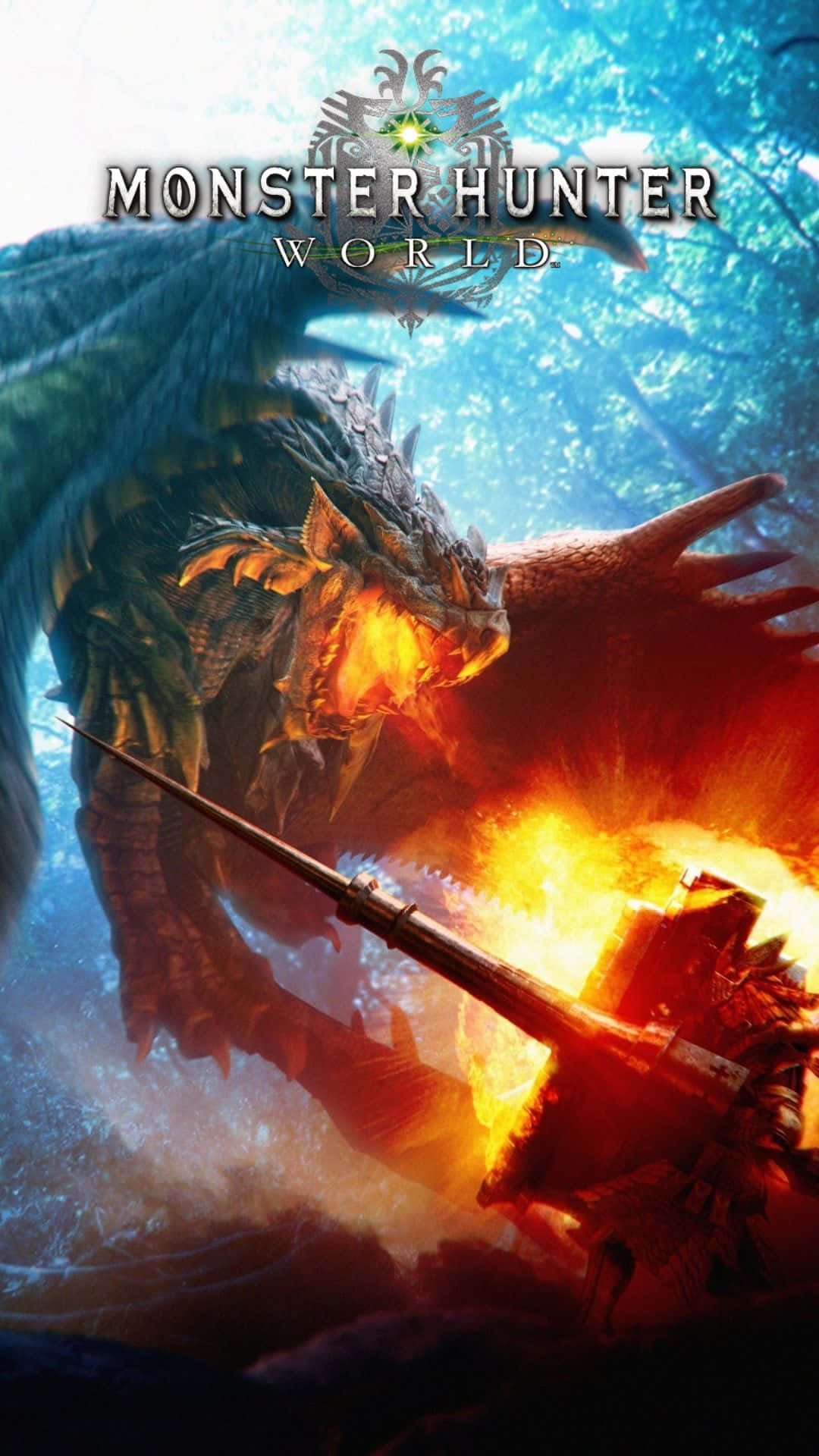 Android Monster Hunter World 桌布 壁紙 — 一名獵人在茂密的森林中與一頭巨大的火焰巨龍搏鬥，周圍有發光的餘燼和戲劇性的燈光。