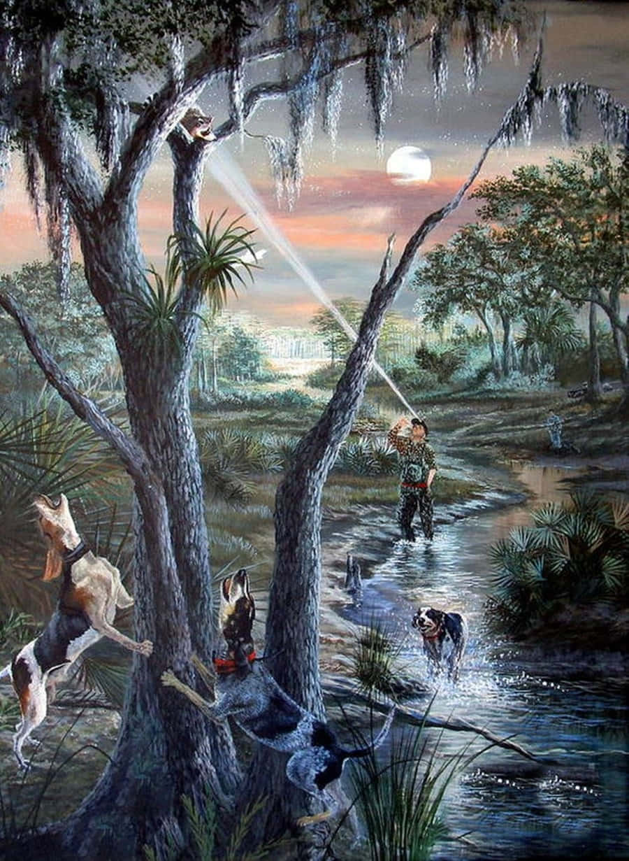raccoon 桌布 壁紙 — 一名獵人在黃昏時涉水穿過沼澤，三隻獵犬從長滿苔蘚的樹上跳向發光的月亮。