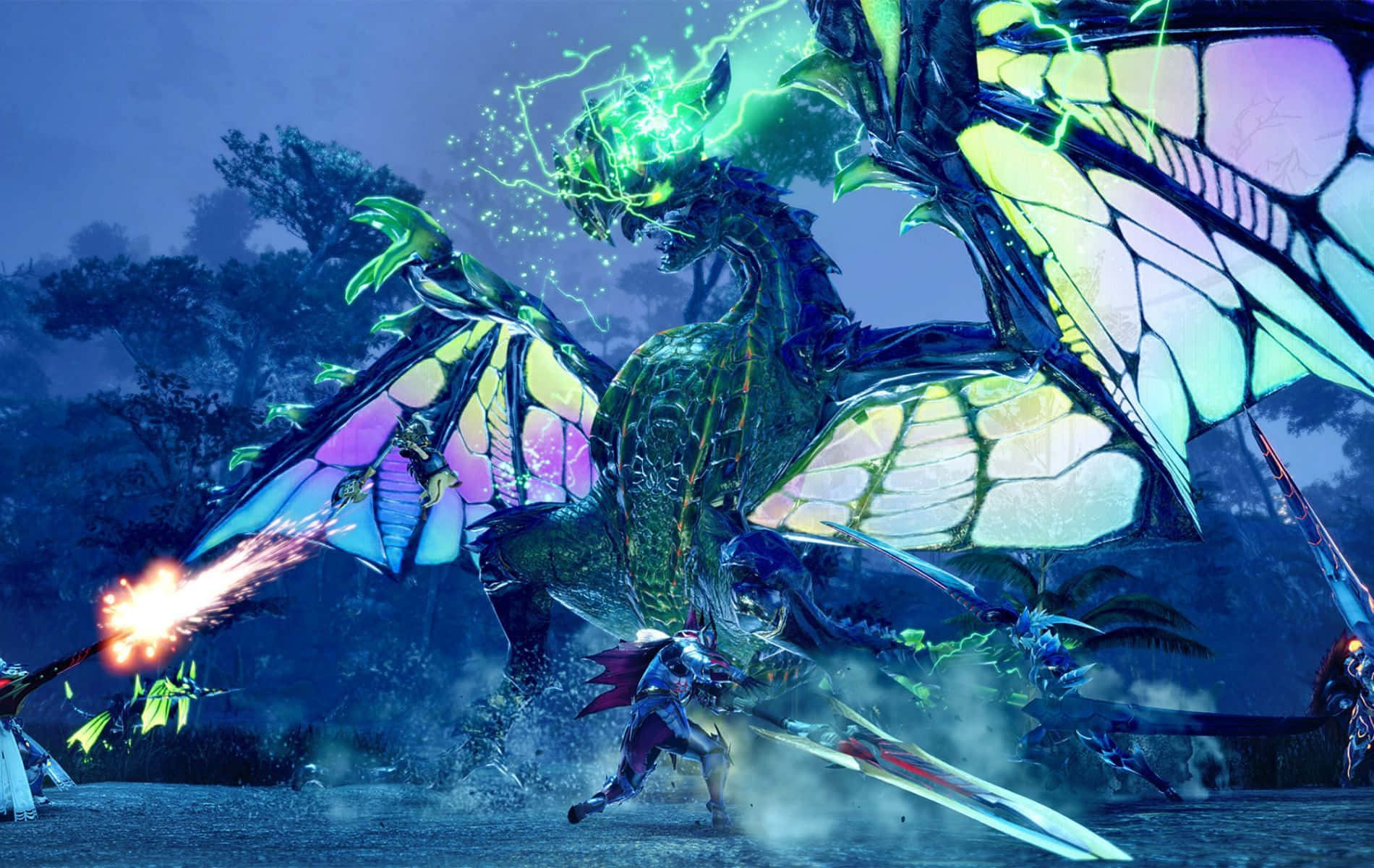 Monster Hunter Monsters 桌布 壁紙 — 一名獵人在黑暗的森林中與一隻擁有彩虹色蝴蝶翅膀的巨大發光龍戰鬥。