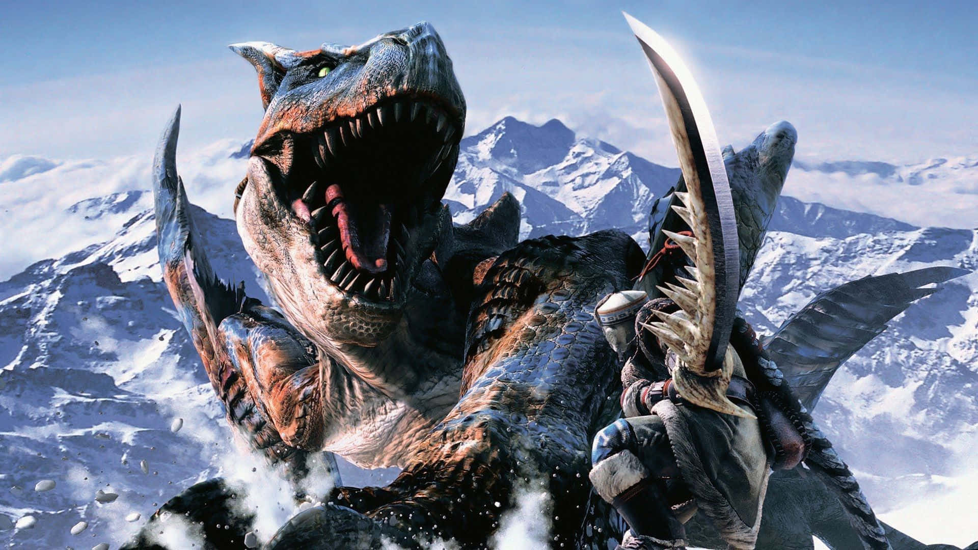 魔物獵人 世界 桌布 壁紙 — 一名獵人揮舞彎刀，對抗一隻咆哮、積雪覆蓋的山怪獸，牠有鋒利的爪子和發光的眼睛。