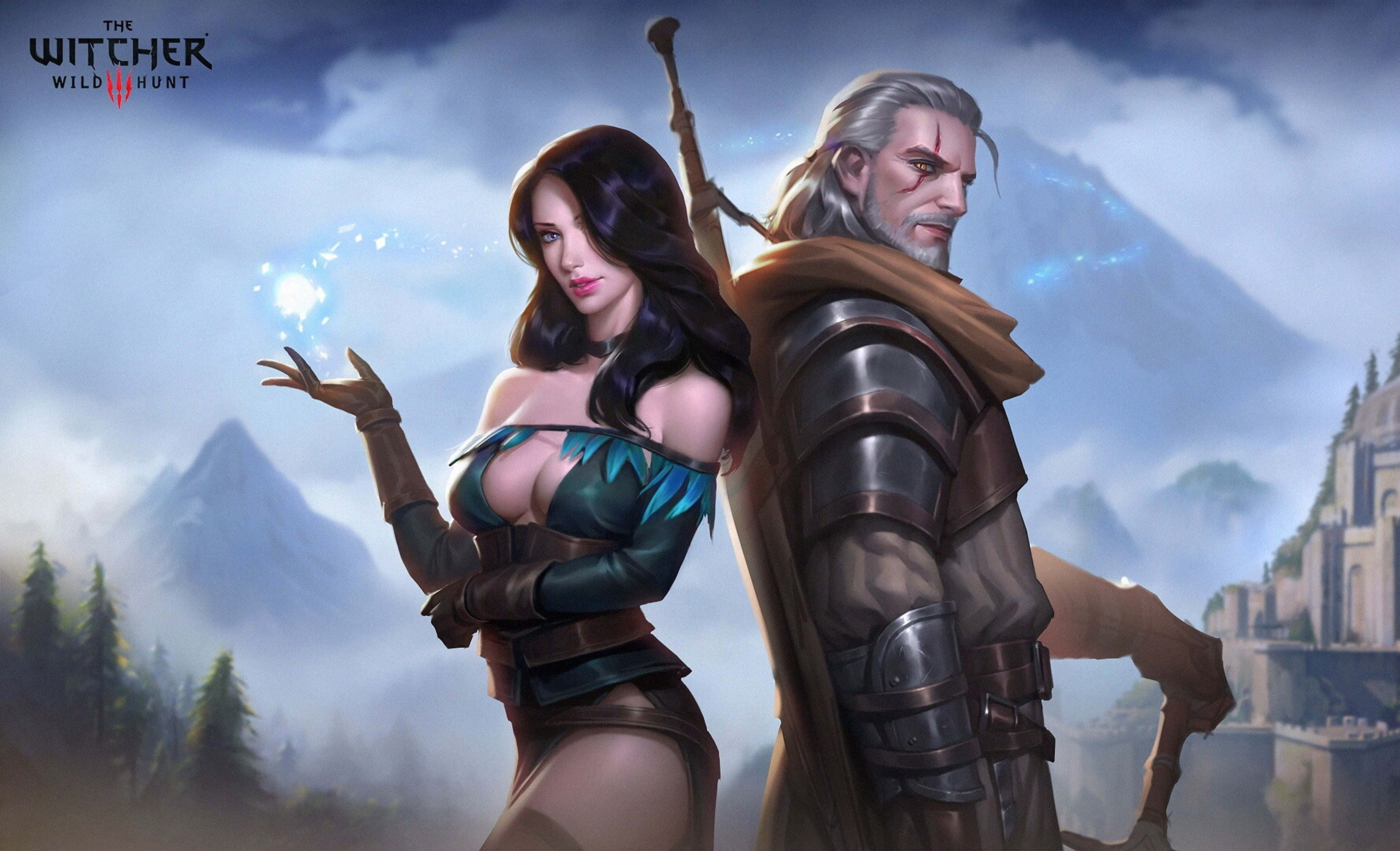 The Witcher 3 Wild Hunt 桌布 壁紙 — 一名獵魔士和一名女巫在霧氣繚繞的山脈中背靠背站立，周圍是古老遺跡，手中閃耀著魔法光芒。