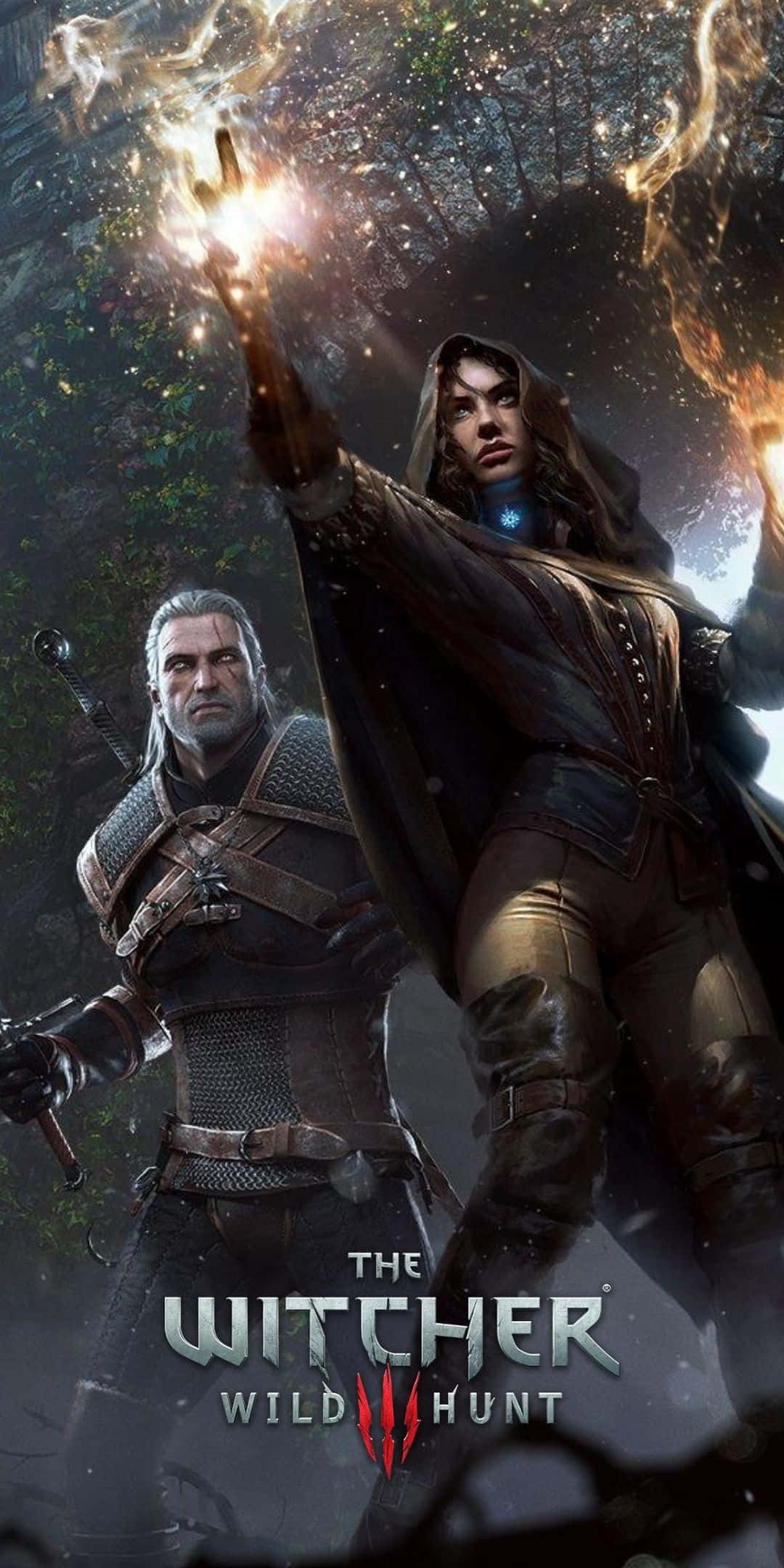 Pixel 3 The Witcher 3 桌布 壁紙 — 一名獵魔士和一名女巫站在神秘的森林中，魔法能量在他們周圍劈啪作響。