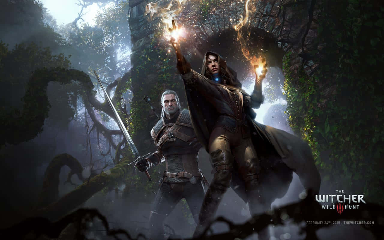 The Witcher Characters 桌布 壁紙 — 一名獵魔士和一名女巫站在迷霧森林中，拔出劍對抗古老廢墟，施展發光的魔法。