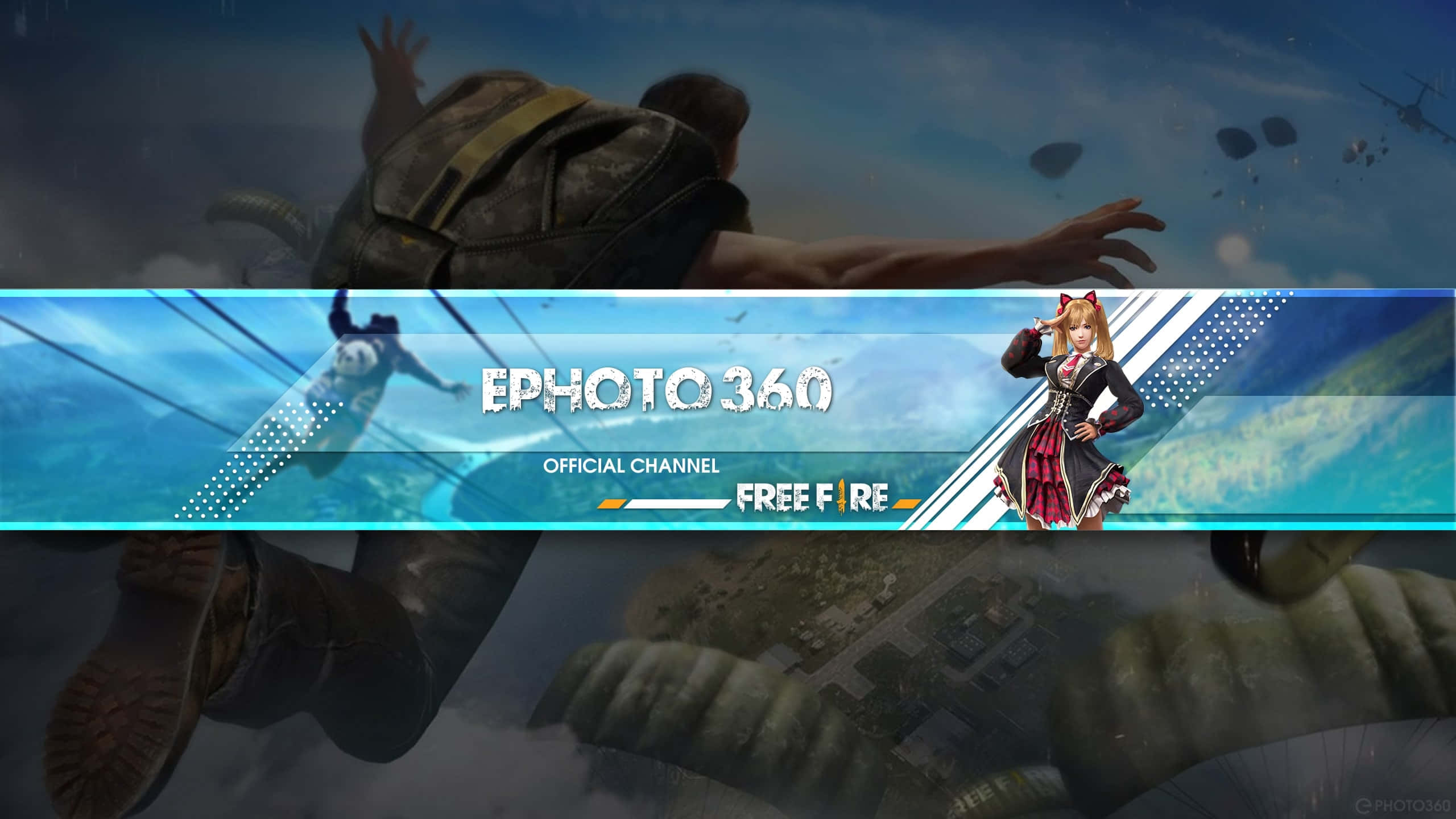 YouTube Banner Gaming 桌布 壁紙 — 一名玩家跳傘降落在廣闊的地圖上，而一個風格化的動漫女孩站在「Free Fire」橫幅旁邊。