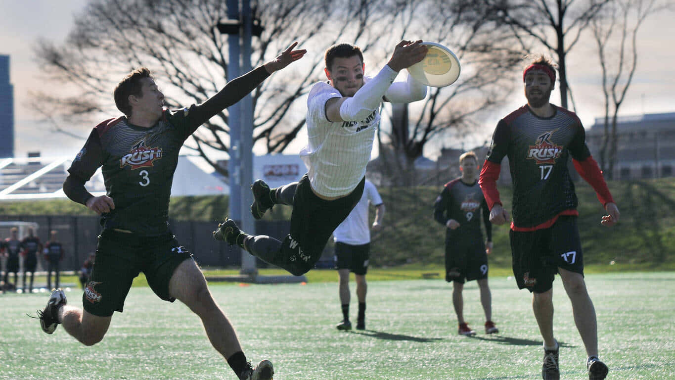 1366x768 Frisbee 桌布 壁紙 — 一名球員在空中跳起接住飛盤，對手在陽光照耀的草地上追趕他。