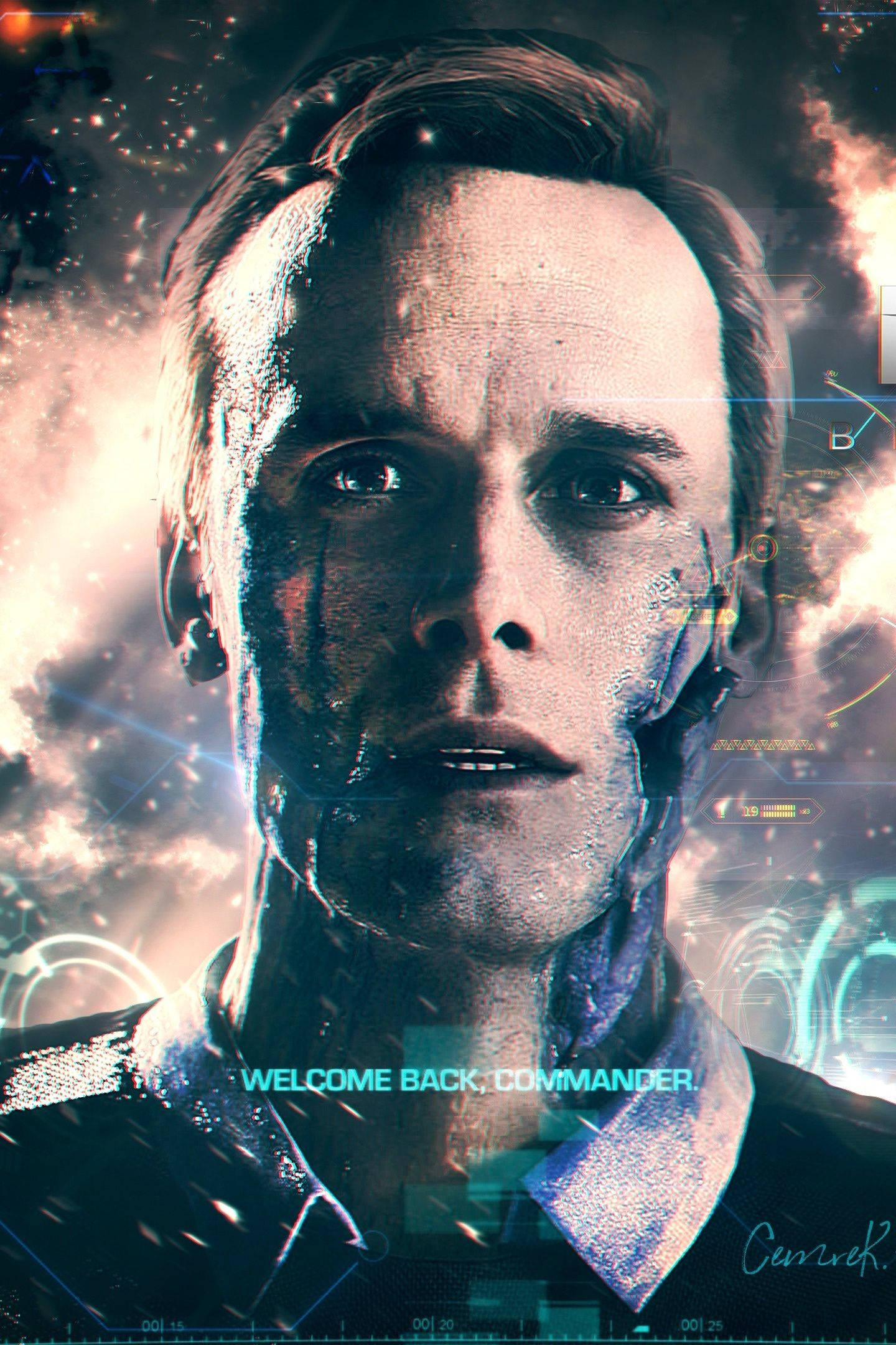 human 桌布 壁紙 — 一名生化士兵在熾熱的宇宙背景下，帶著發光的HUD元素，凝視著。