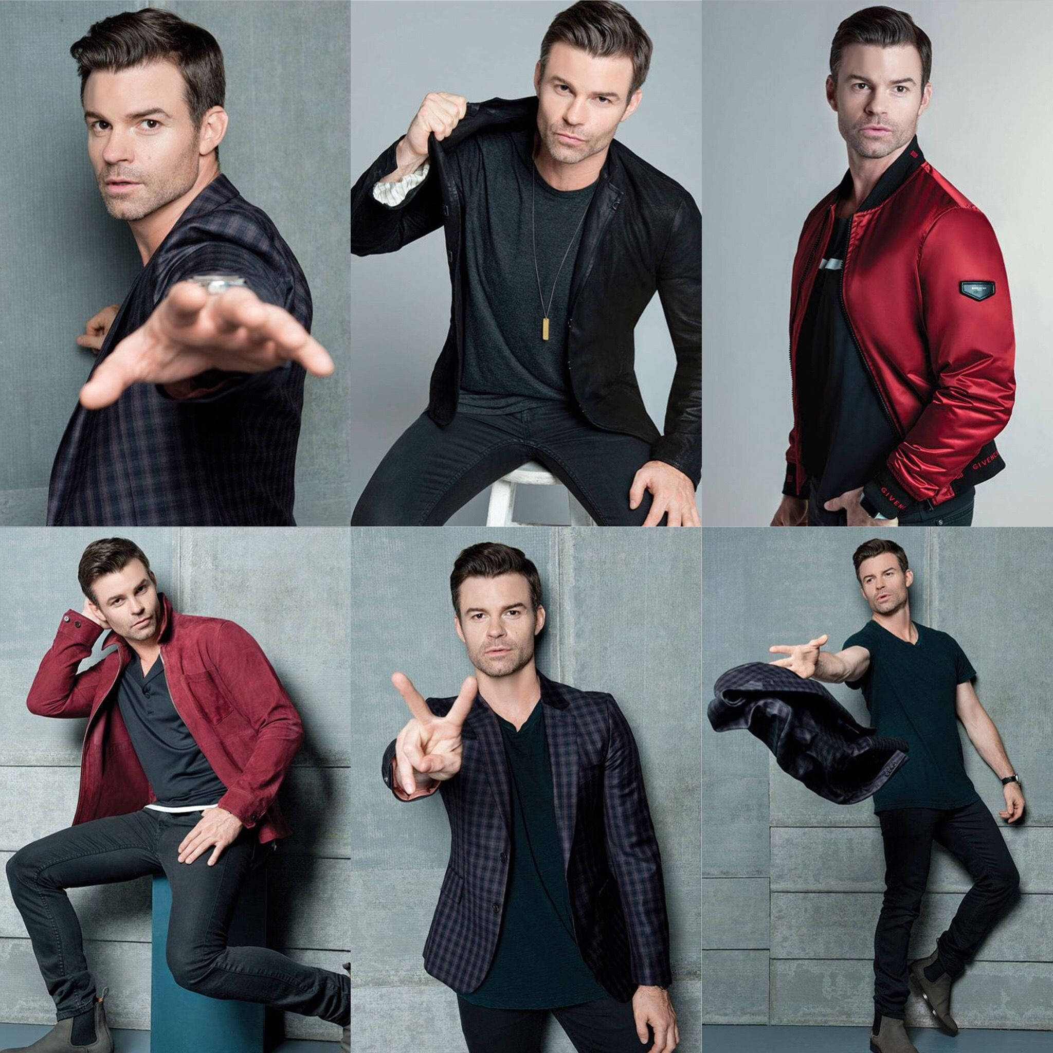 Daniel Gillies 桌布 壁紙 — 一名男士以自信的姿態，在灰色紋理牆前展示六種不同時尚造型。