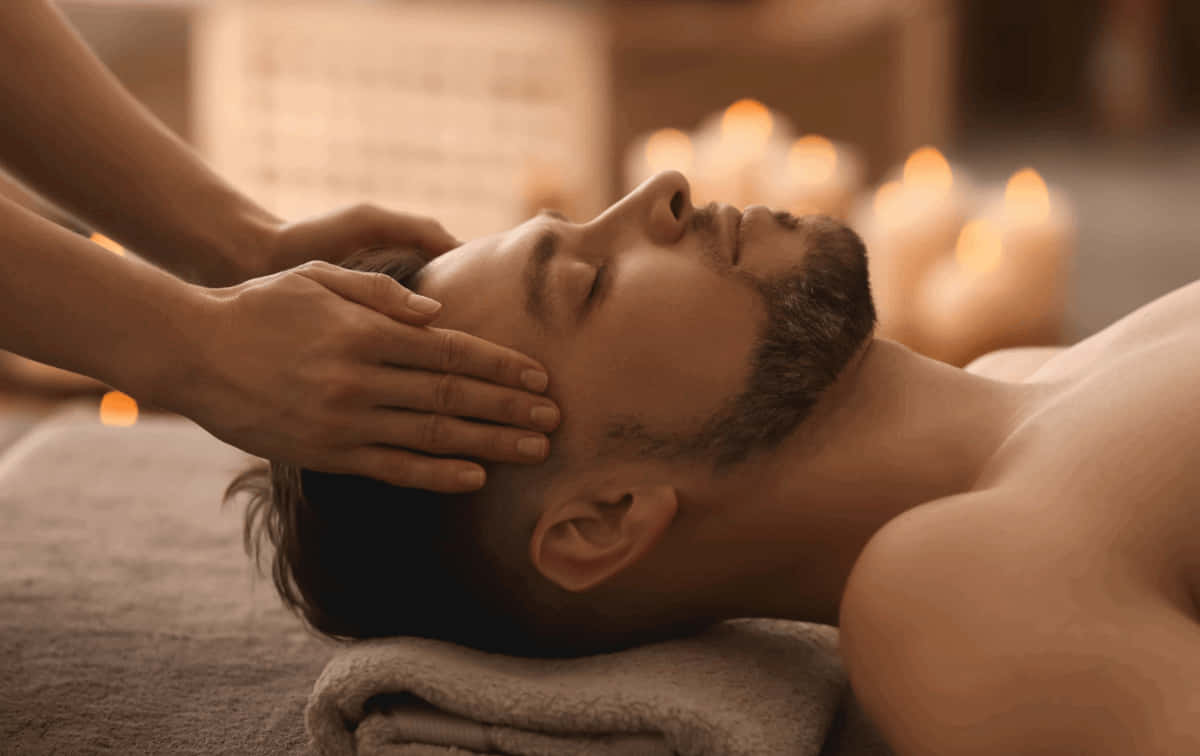 Massage 桌布 壁紙 — 一名男士在燈光溫暖的水療中心接受舒緩的面部按摩，背景有發光的蠟燭。
