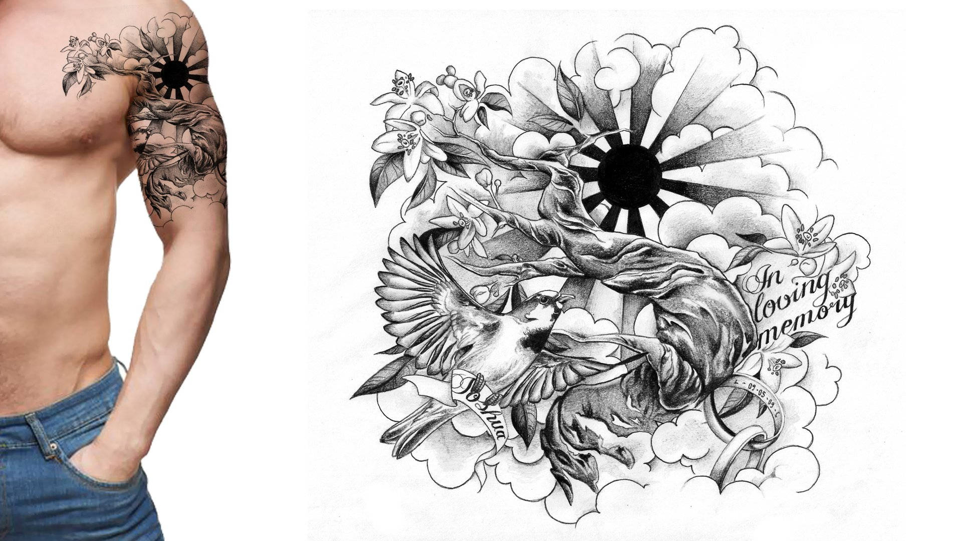 Tattoo 桌布 壁紙 — 一名男士的刺青手臂展示了一個詳細的黑白設計，包含鳥、花朵和太陽光線，並帶有文字 'In loving memory'。