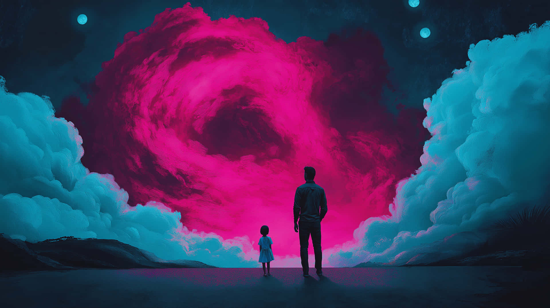 Father and Child Gaze at a Vibrant, Ethereal Pink Cloud Formation 壁紙 — 一名男子和一個孩子敬畏地站在一個巨大的旋轉粉紅色星雲前，星雲被青綠色的雲彩環繞，背景是星空。