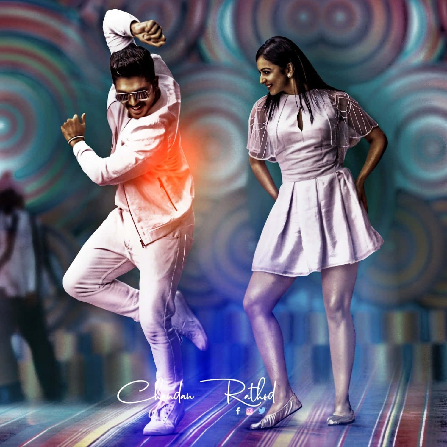 Allu Arjun 桌布 壁紙 — 一名男子和一名女子在旋轉的迷幻背景中，伴隨著鮮豔的霓虹燈光，充滿活力地跳舞。